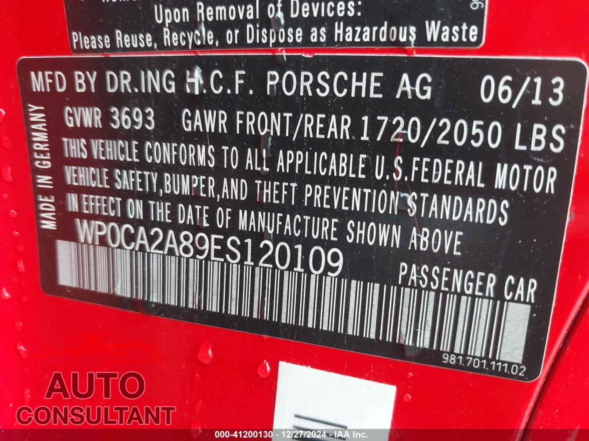 PORSCHE BOXSTER 2014 - WP0CA2A89ES120109