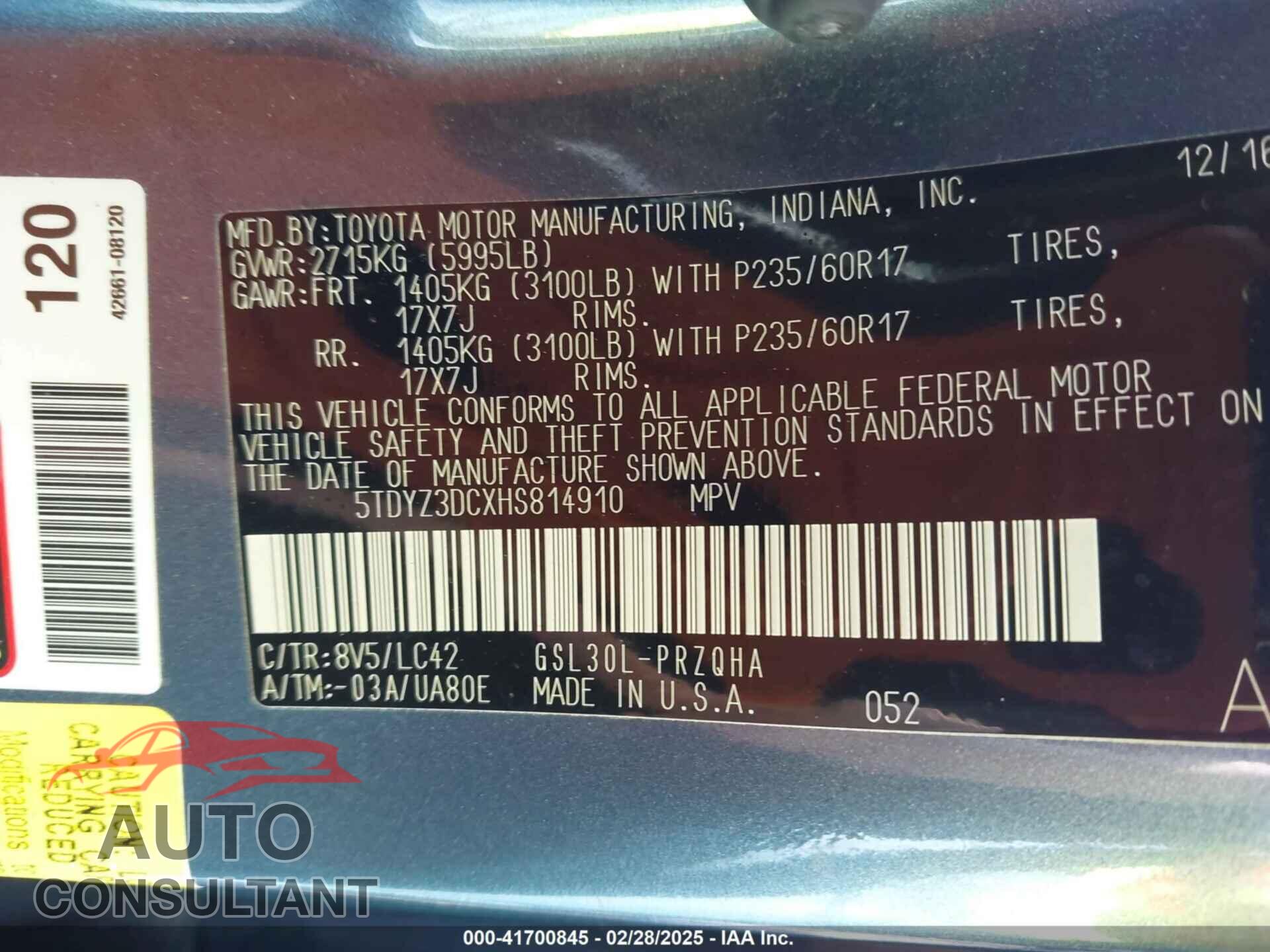 TOYOTA SIENNA 2017 - 5TDYZ3DCXHS814910