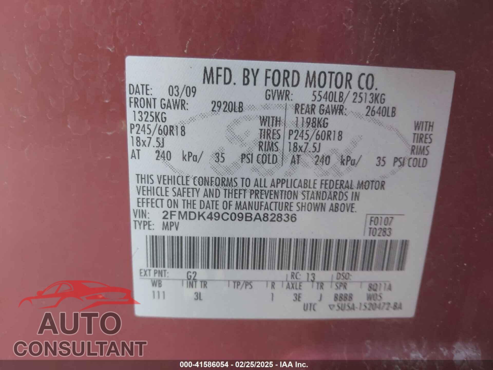 FORD EDGE 2009 - 2FMDK49C09BA82836