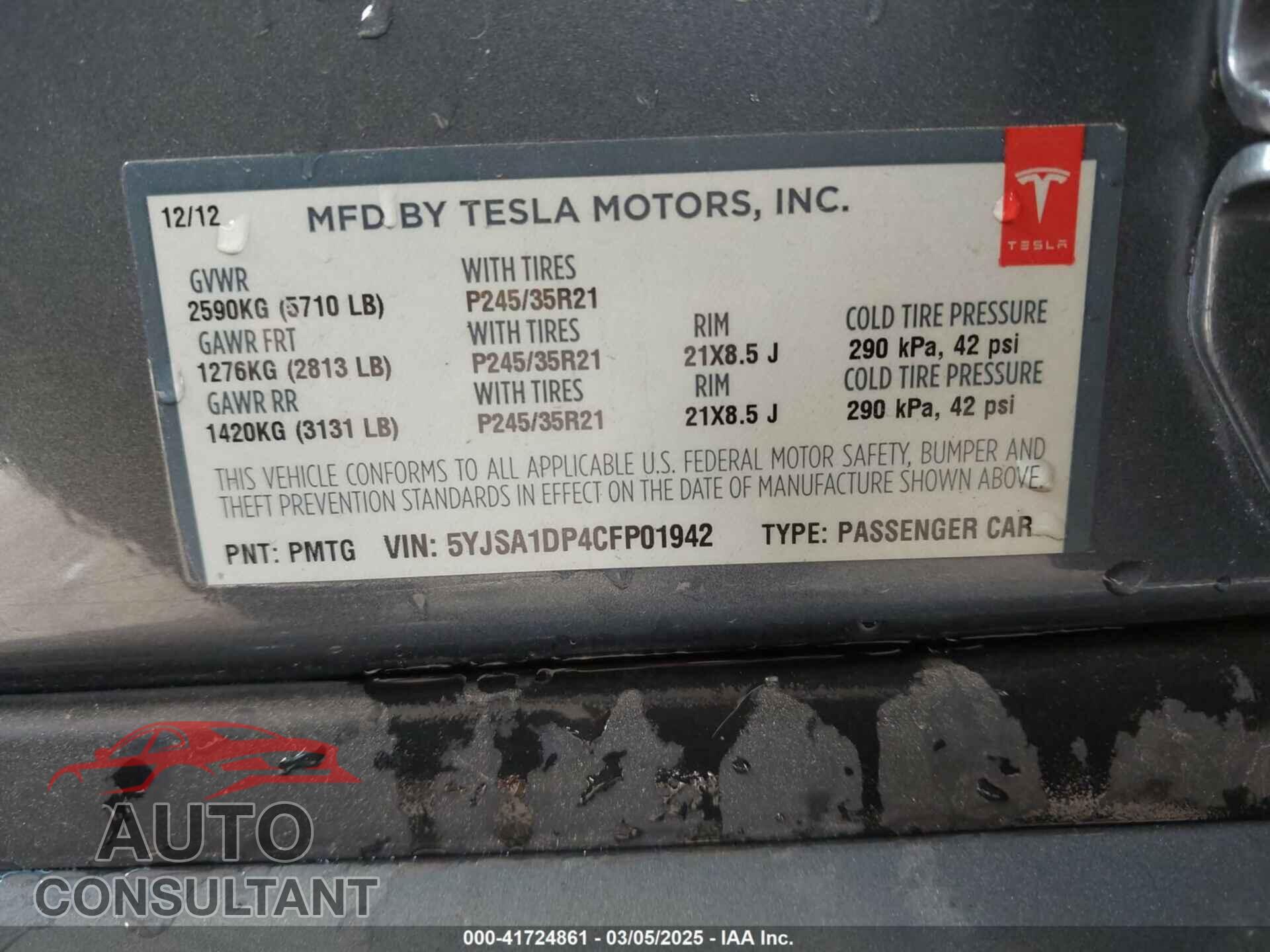 TESLA MODEL S 2012 - 5YJSA1DP4CFP01942