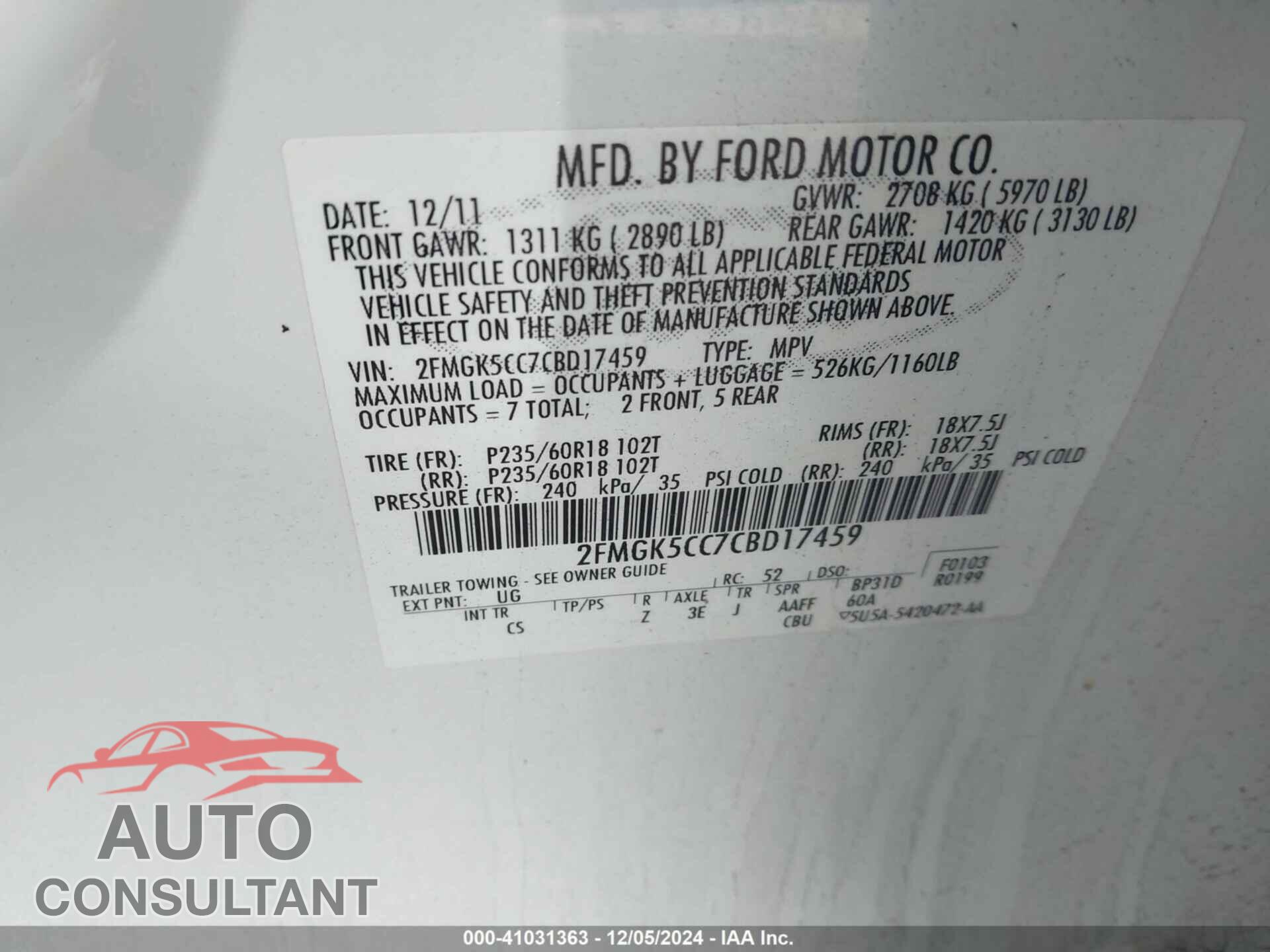 FORD FLEX 2012 - 2FMGK5CC7CBD17459