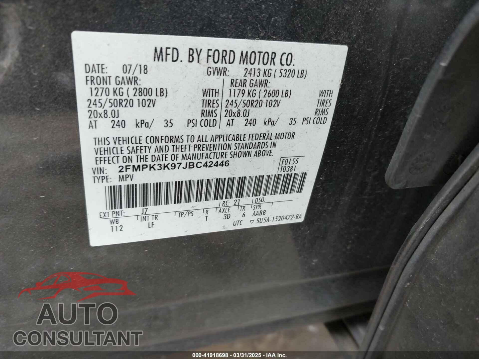 FORD EDGE 2018 - 2FMPK3K97JBC42446