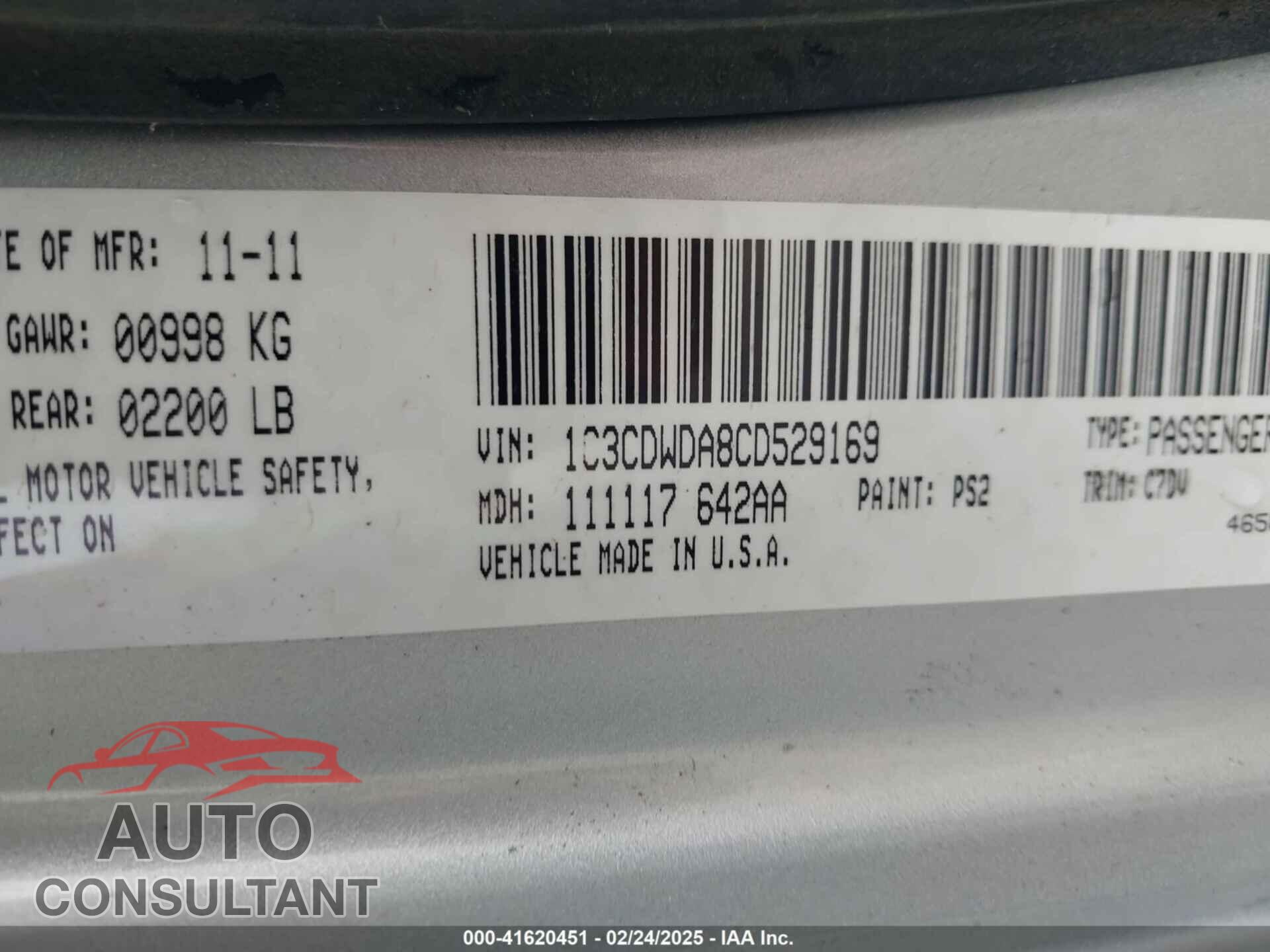DODGE CALIBER 2012 - 1C3CDWDA8CD529169
