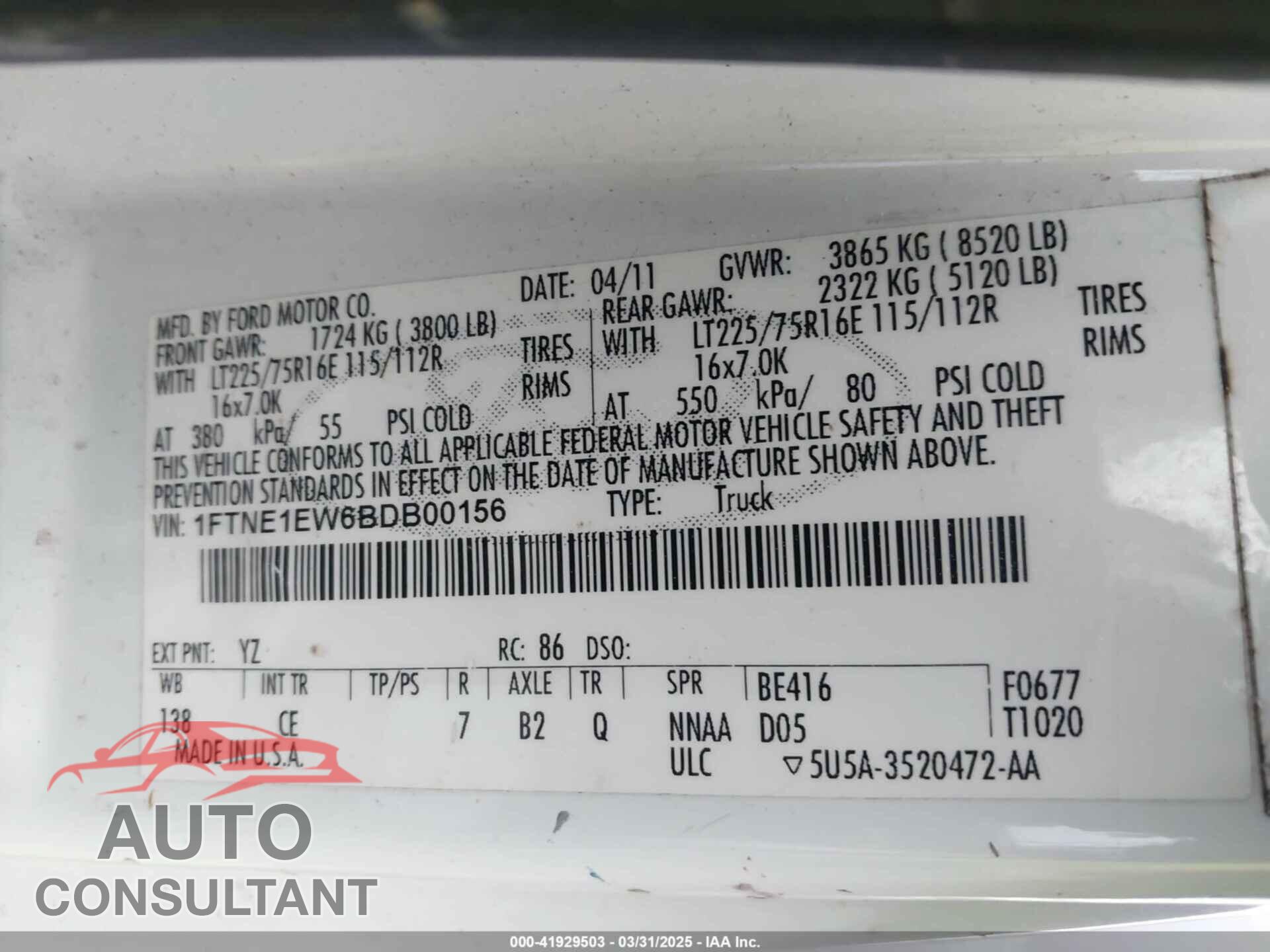 FORD E-150 2011 - 1FTNE1EW6BDB00156