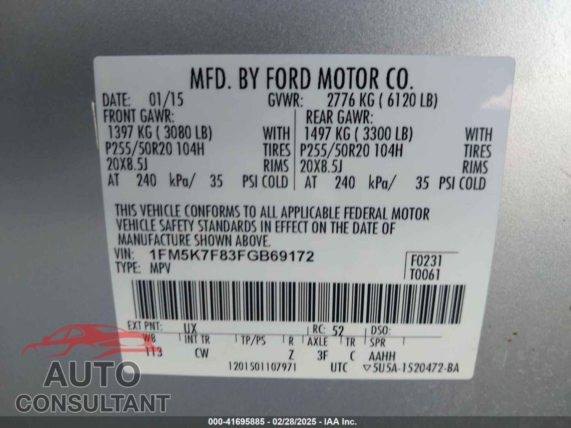FORD EXPLORER 2015 - 1FM5K7F83FGB69172