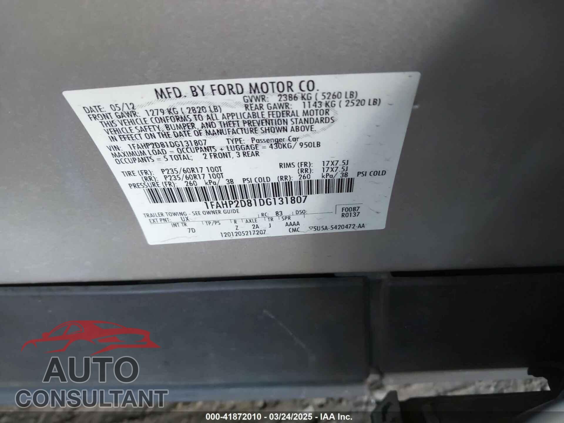 FORD TAURUS 2013 - 1FAHP2D81DG131807