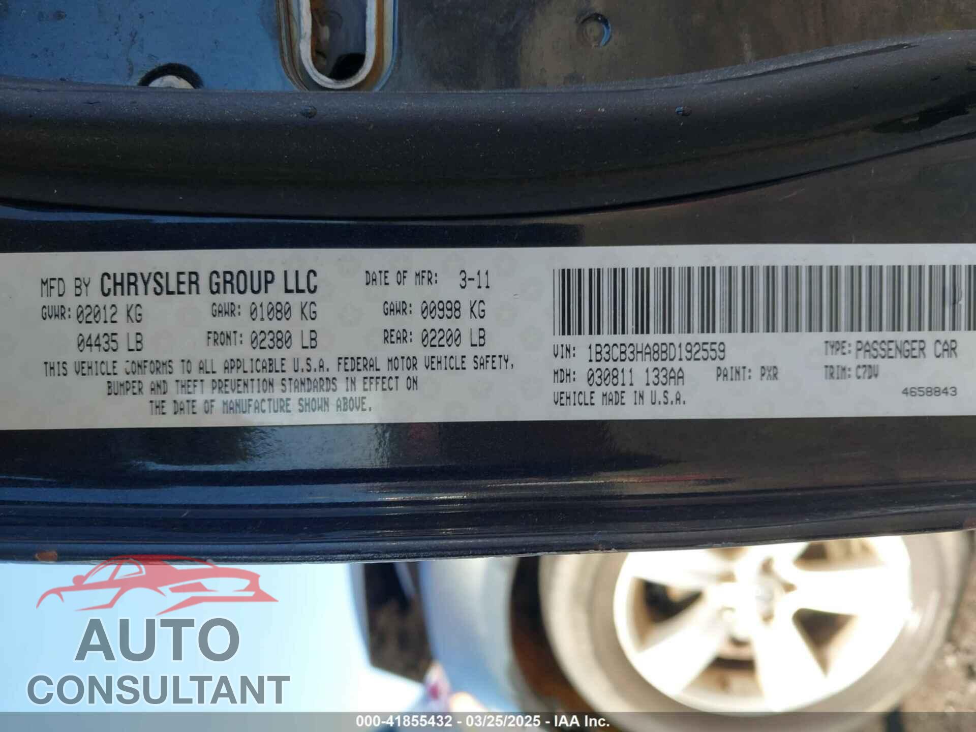 DODGE CALIBER 2011 - 1B3CB3HA8BD192559