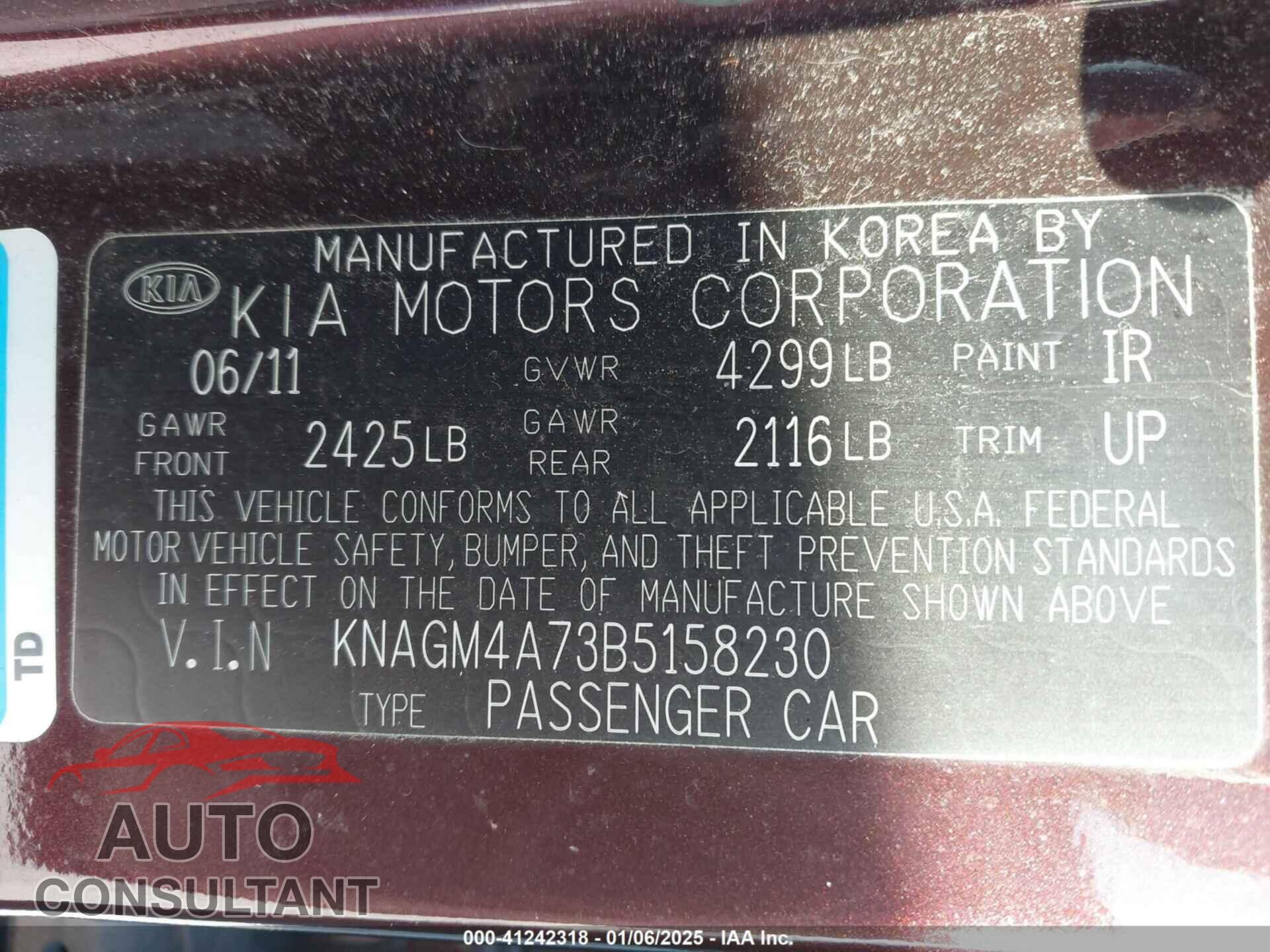 KIA OPTIMA 2011 - KNAGM4A73B5158230