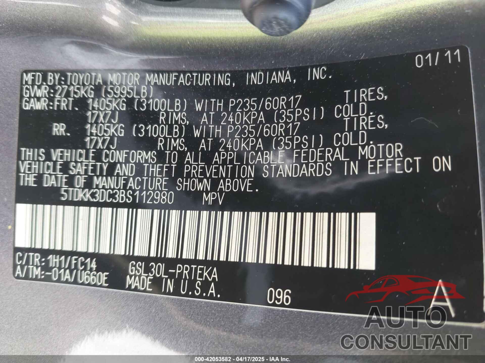 TOYOTA SIENNA 2011 - 5TDKK3DC3BS112980