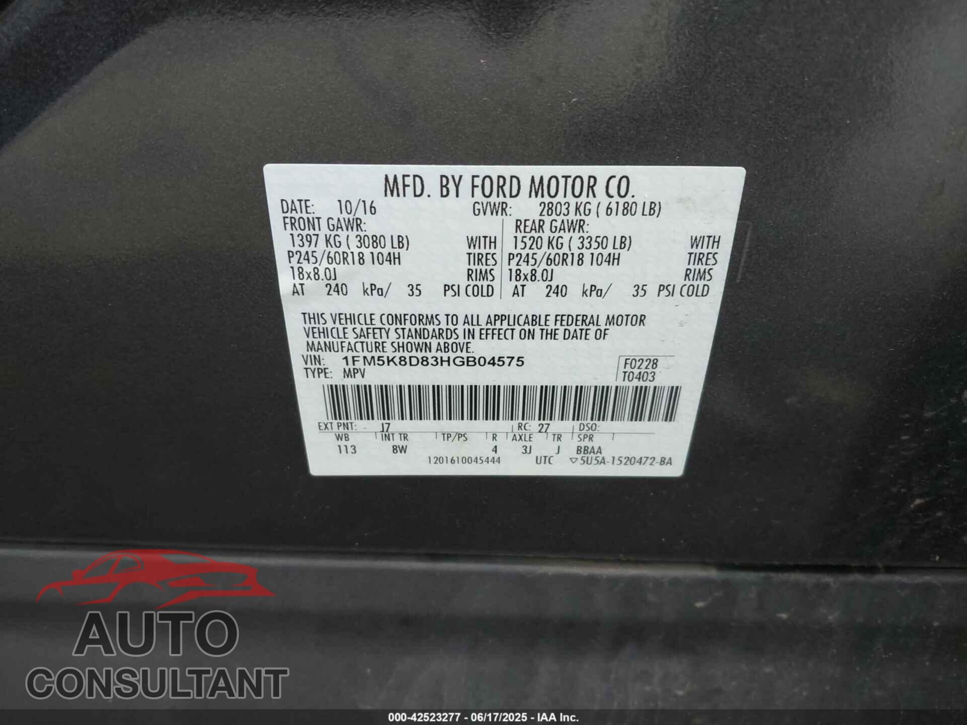FORD EXPLORER 2017 - 1FM5K8D83HGB04575