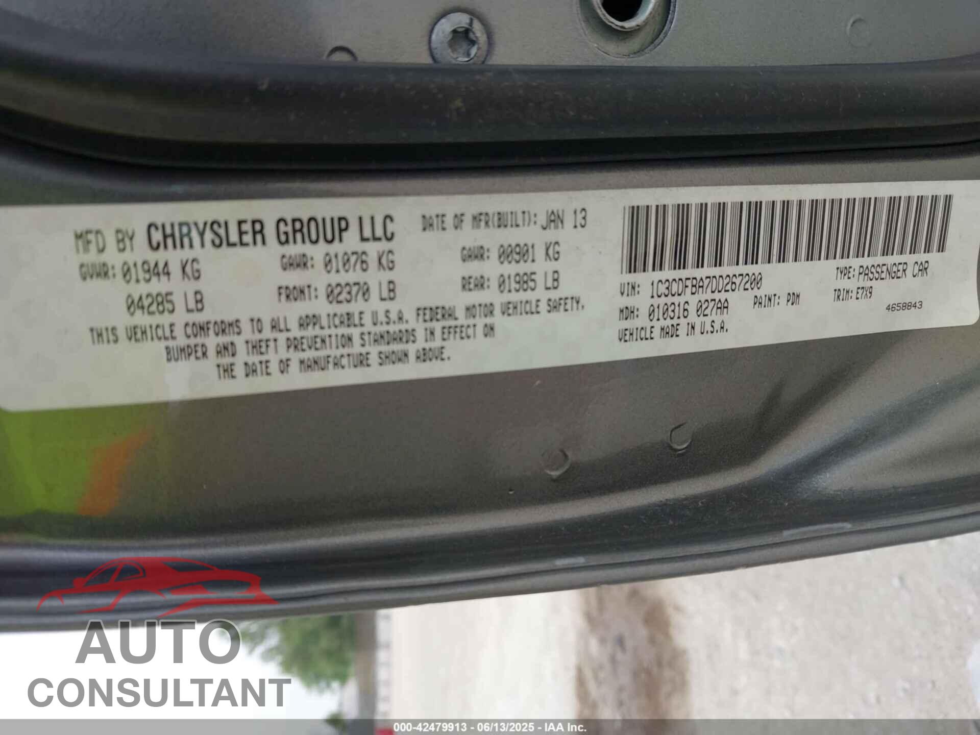 DODGE DART 2013 - 1C3CDFBA7DD267200