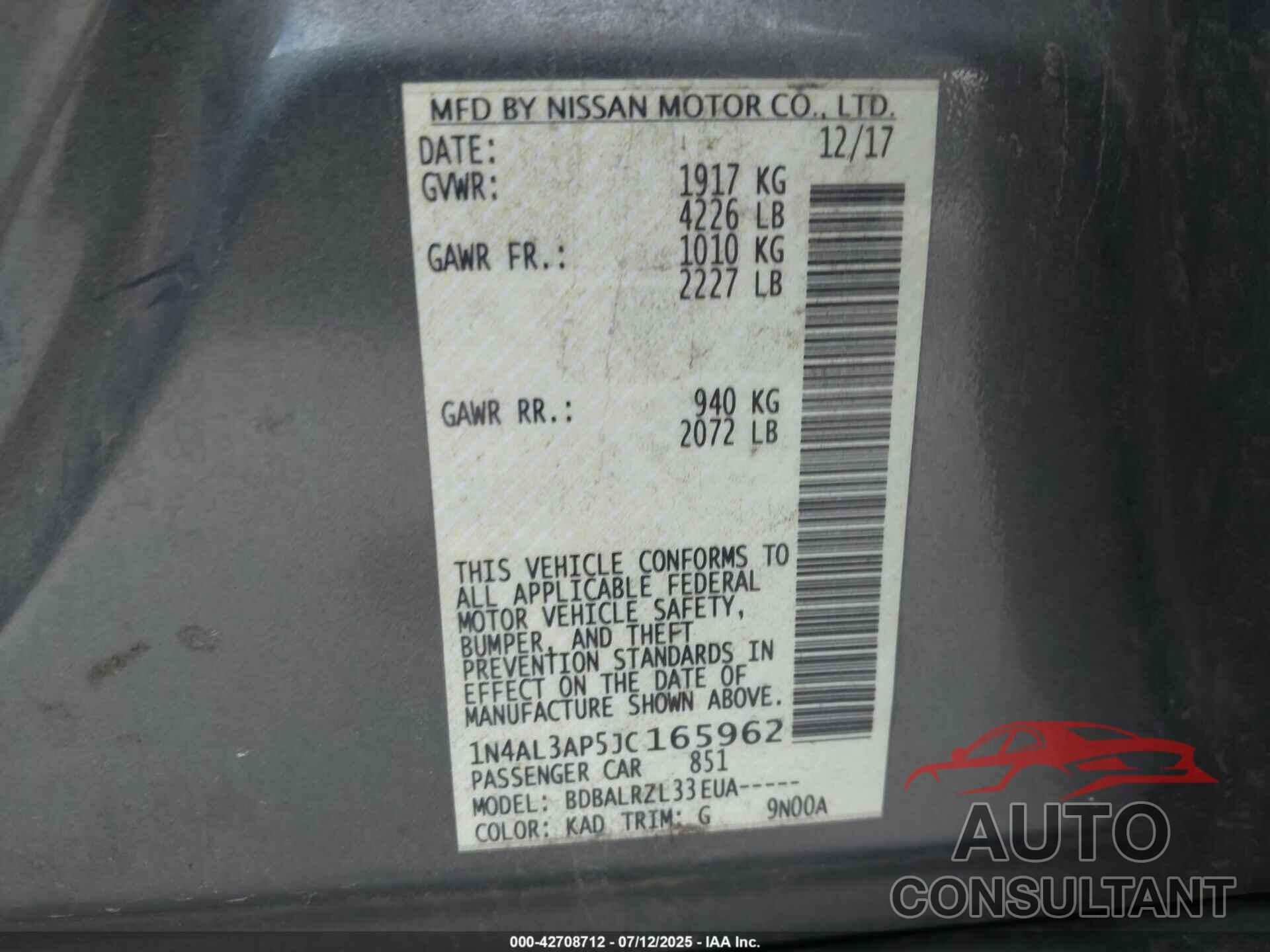 NISSAN ALTIMA 2018 - 1N4AL3AP5JC165962