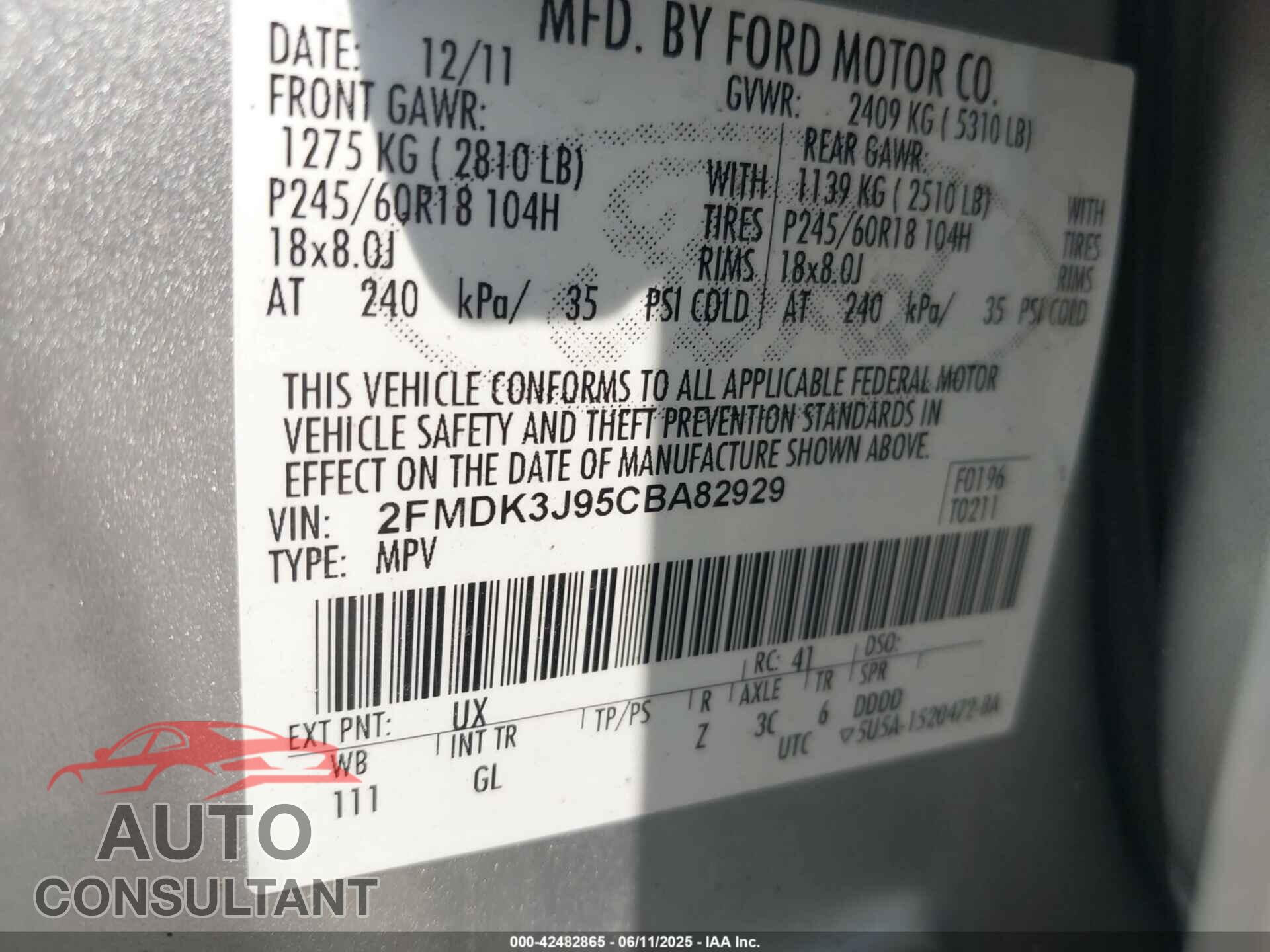 FORD EDGE 2012 - 2FMDK3J95CBA82929