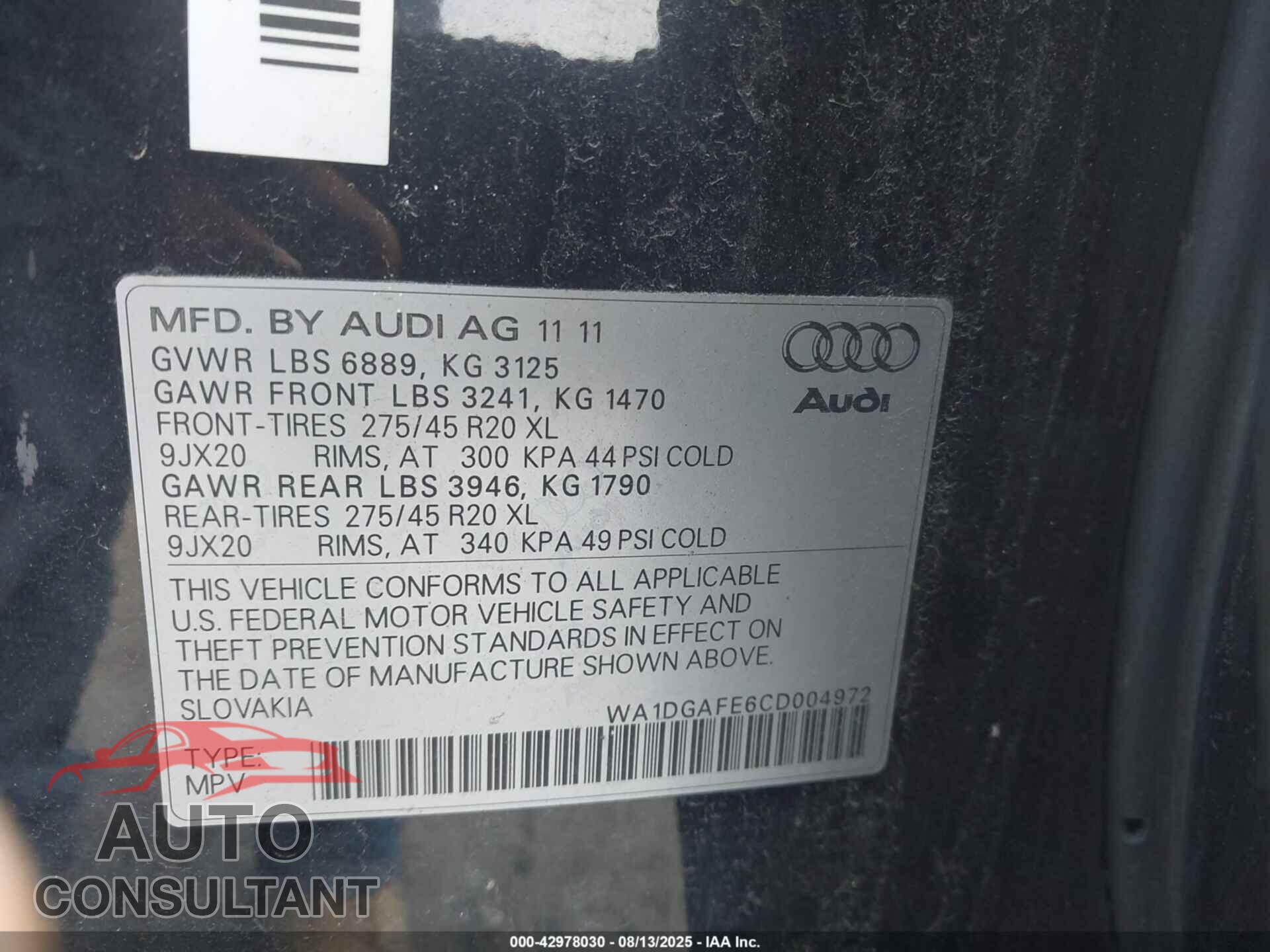 AUDI Q7 2012 - WA1DGAFE6CD004972