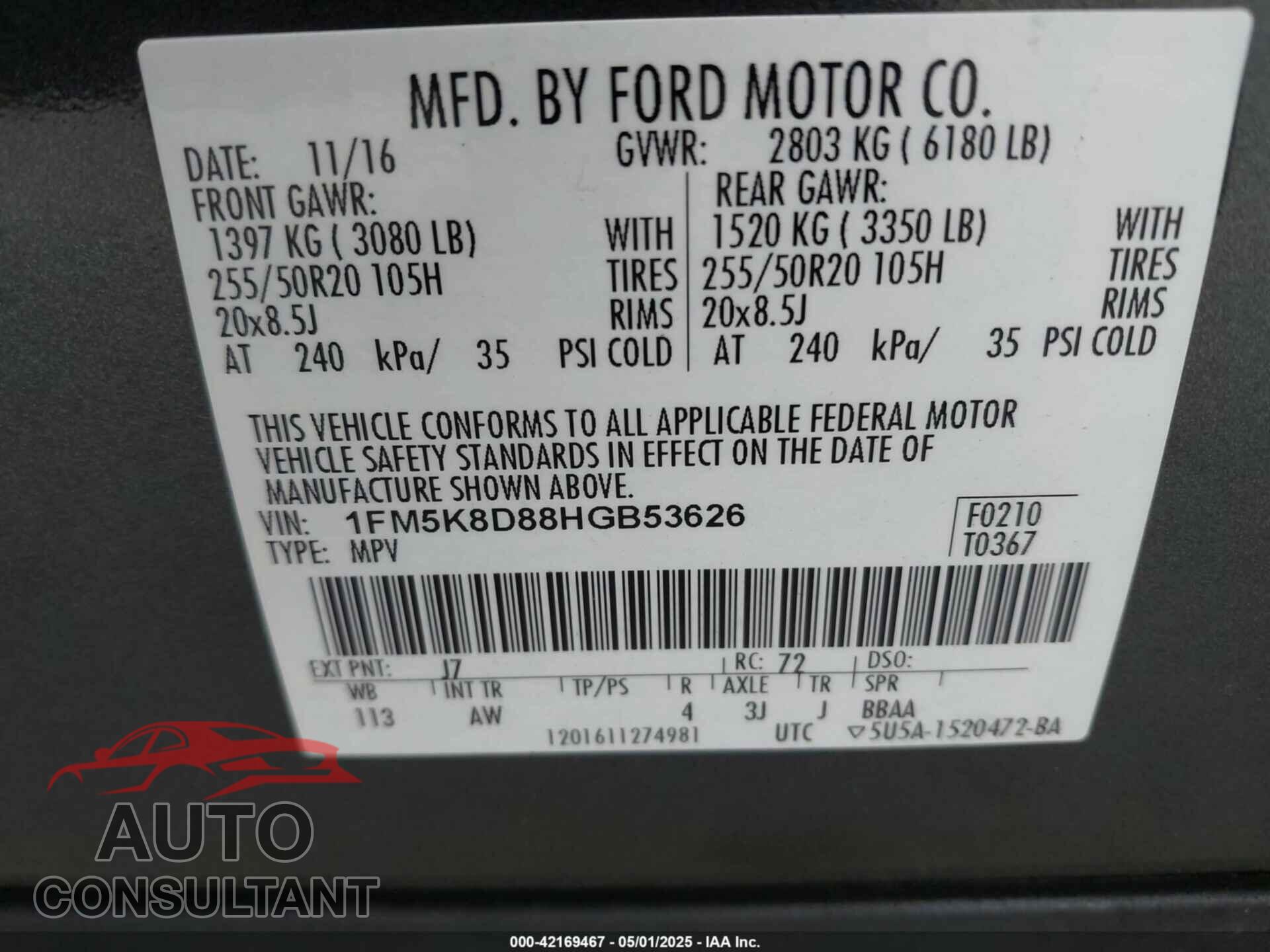 FORD EXPLORER 2017 - 1FM5K8D88HGB53626