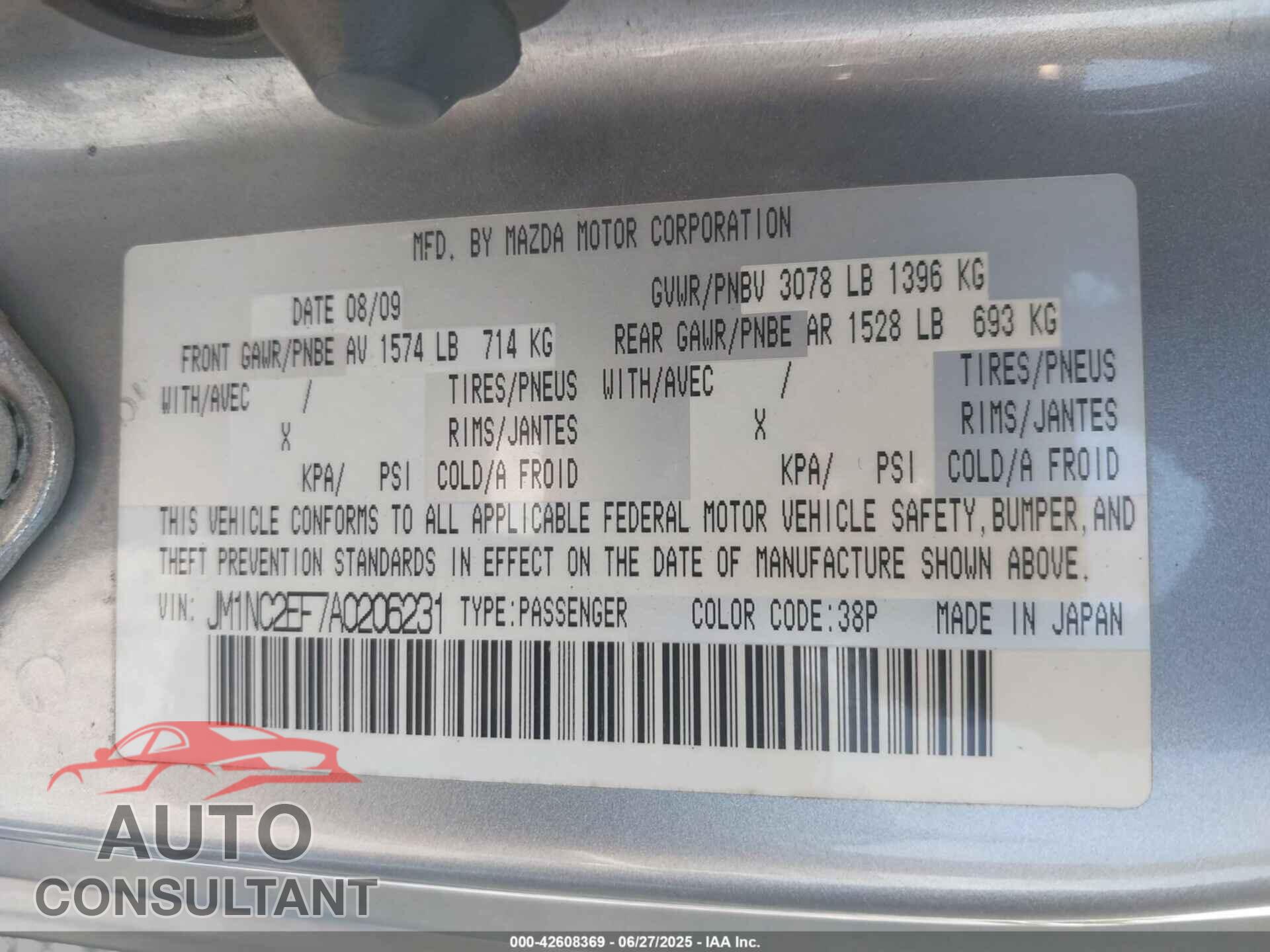 MAZDA MX-5 MIATA 2010 - JM1NC2EF7A0206231