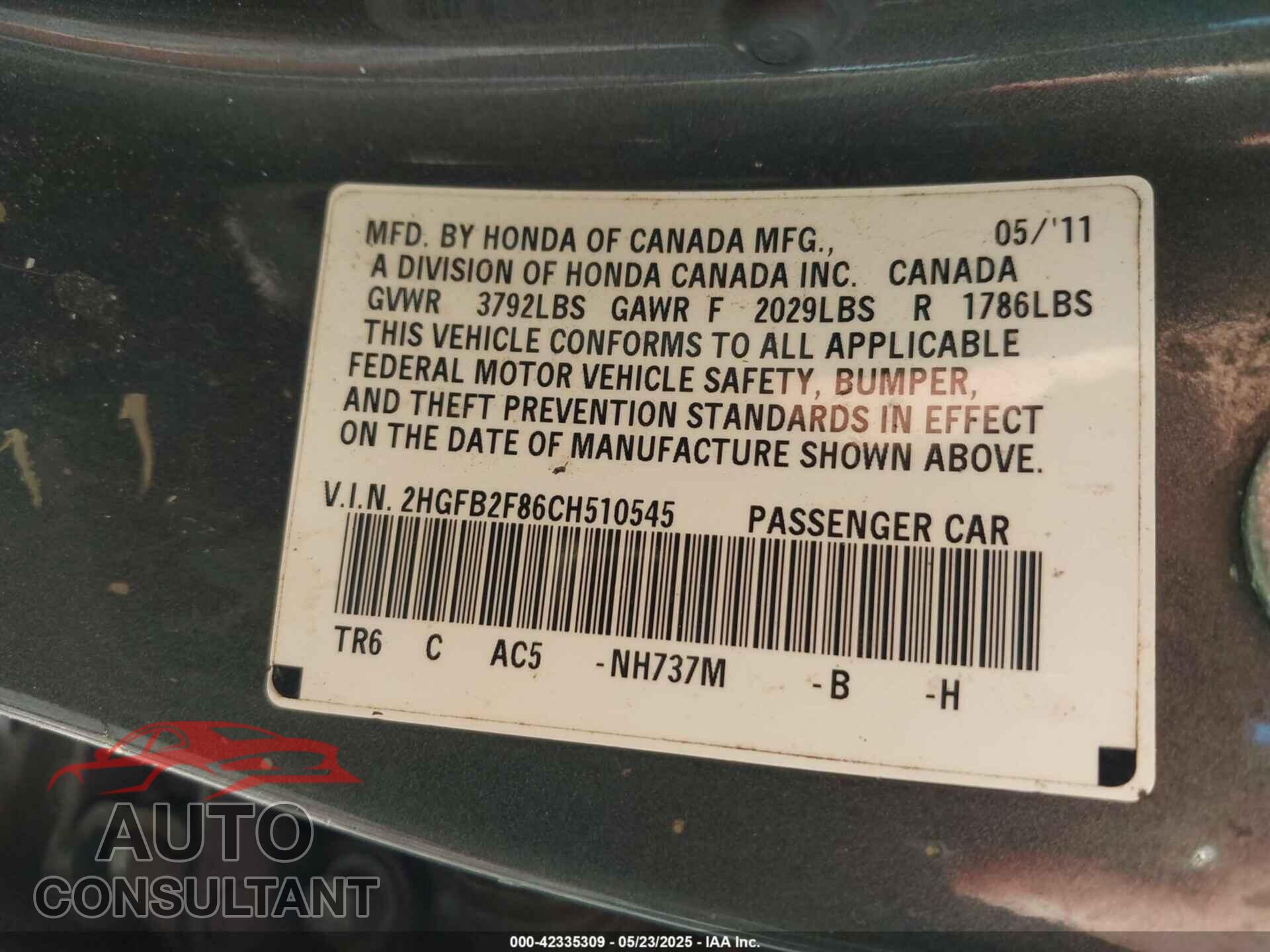 HONDA CIVIC 2012 - 2HGFB2F86CH510545