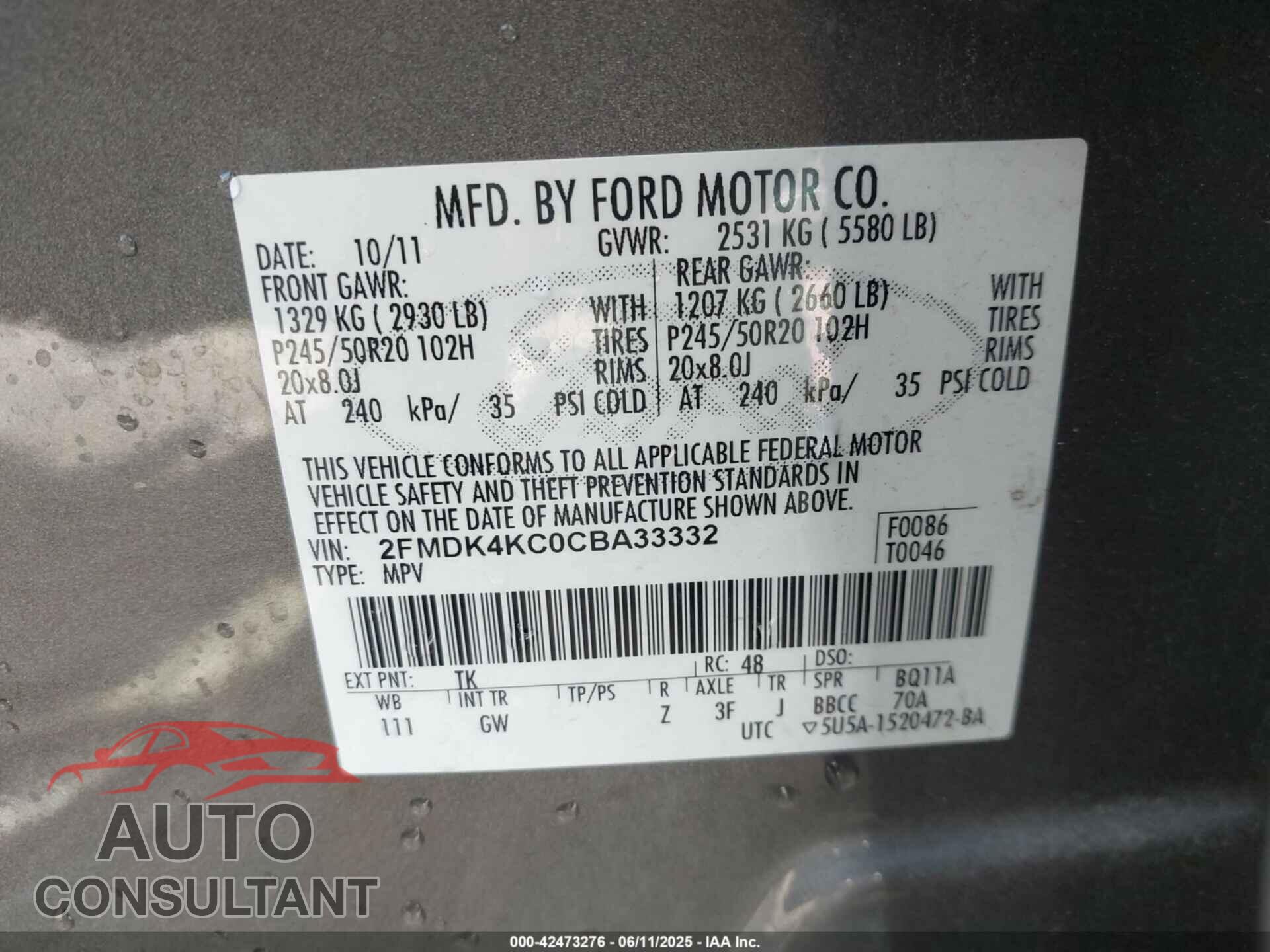 FORD EDGE 2012 - 2FMDK4KC0CBA33332