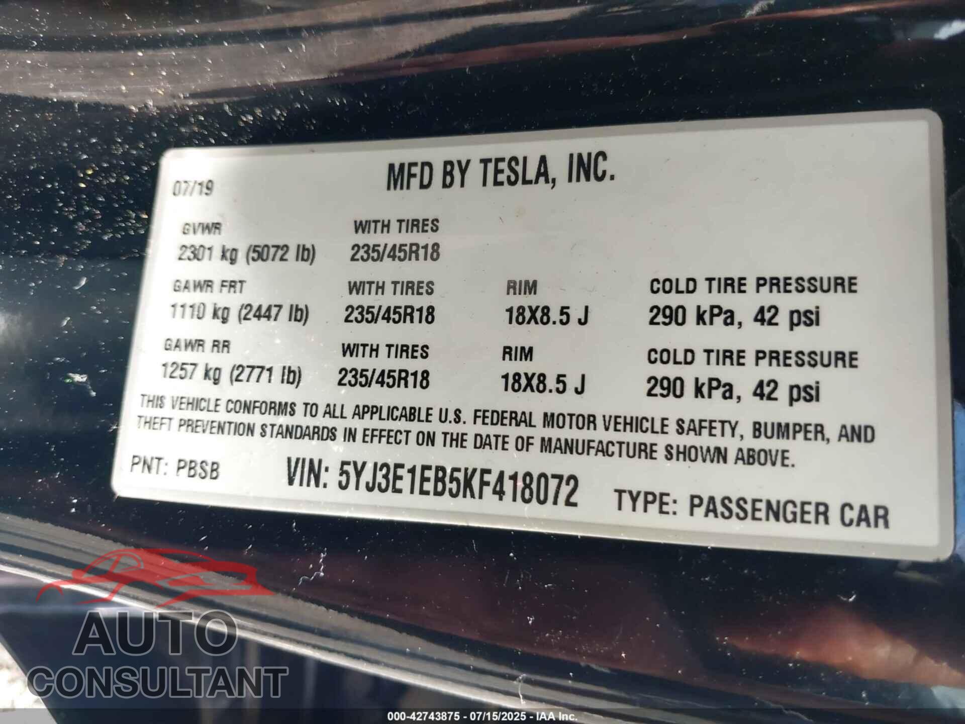 TESLA MODEL 3 2019 - 5YJ3E1EB5KF418072