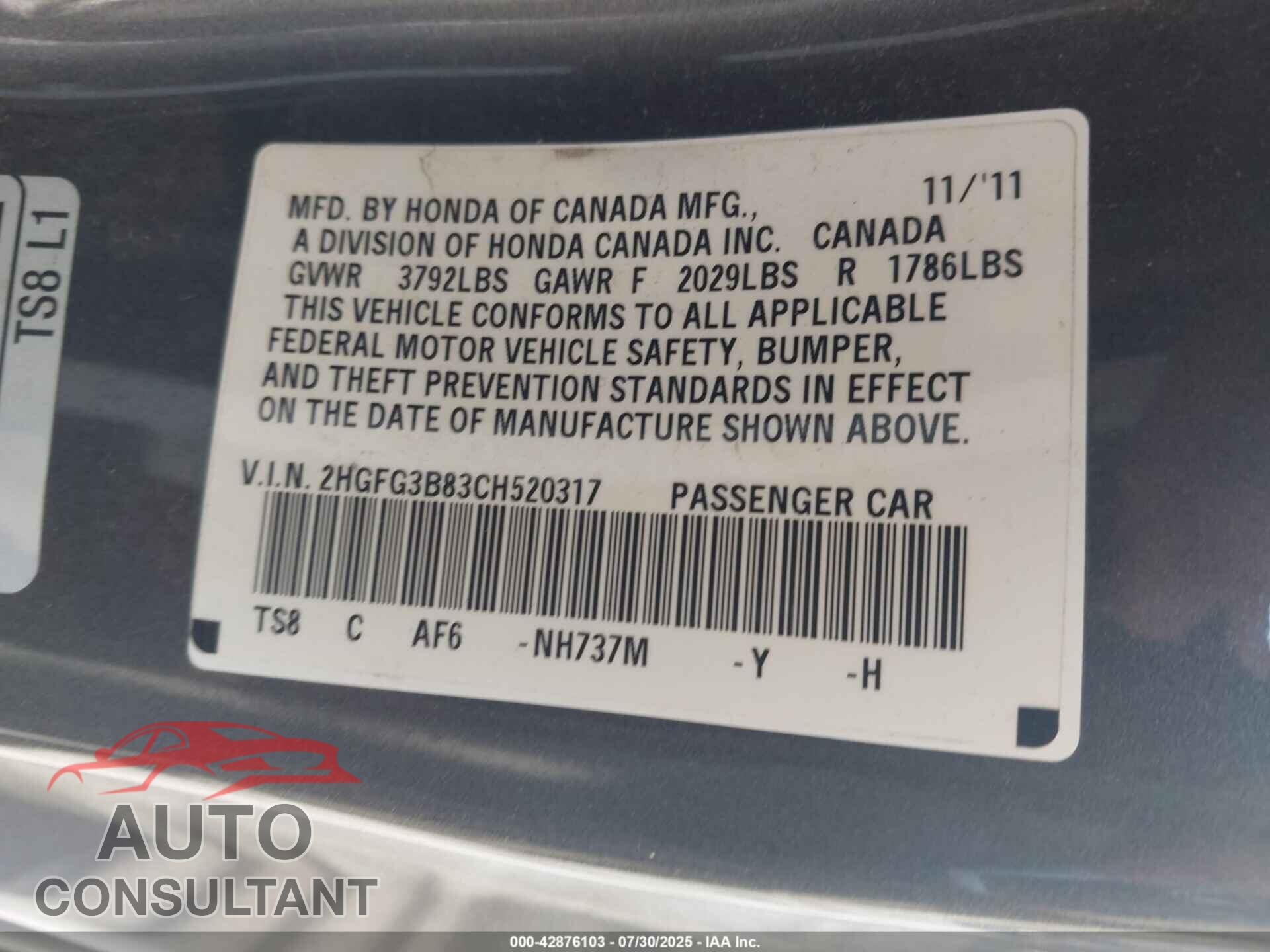 HONDA CIVIC 2012 - 2HGFG3B83CH520317