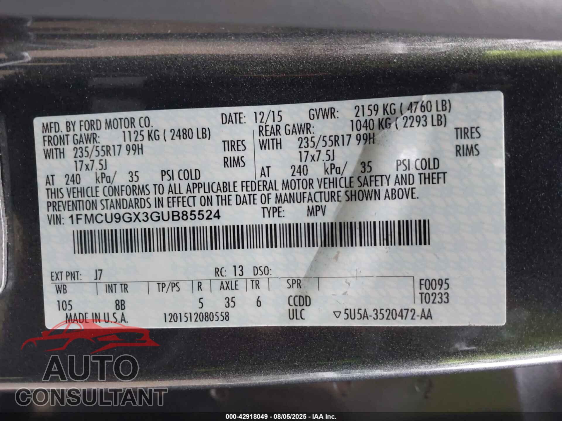 FORD ESCAPE 2016 - 1FMCU9GX3GUB85524