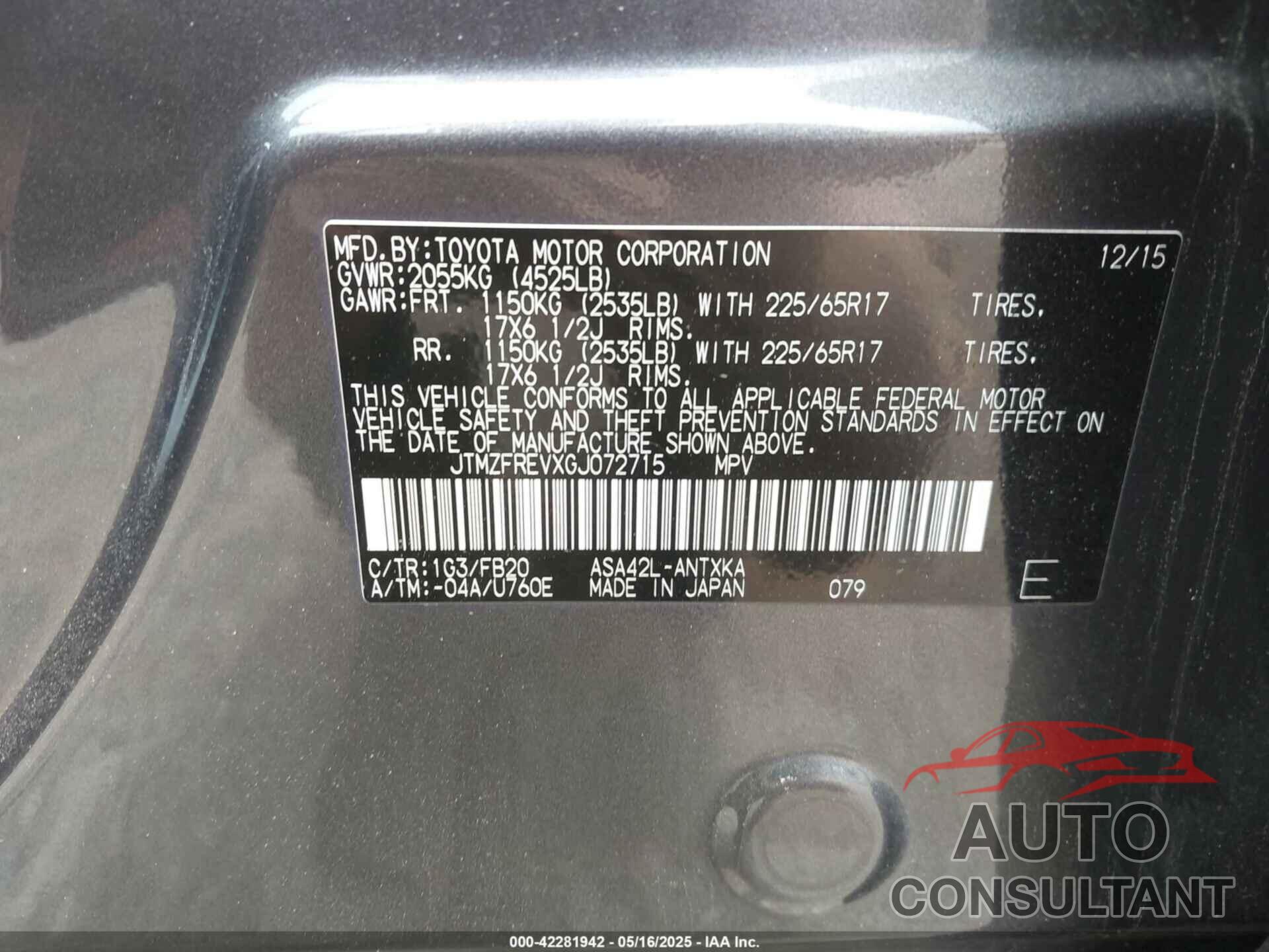 TOYOTA RAV4 2016 - JTMZFREVXGJ072715