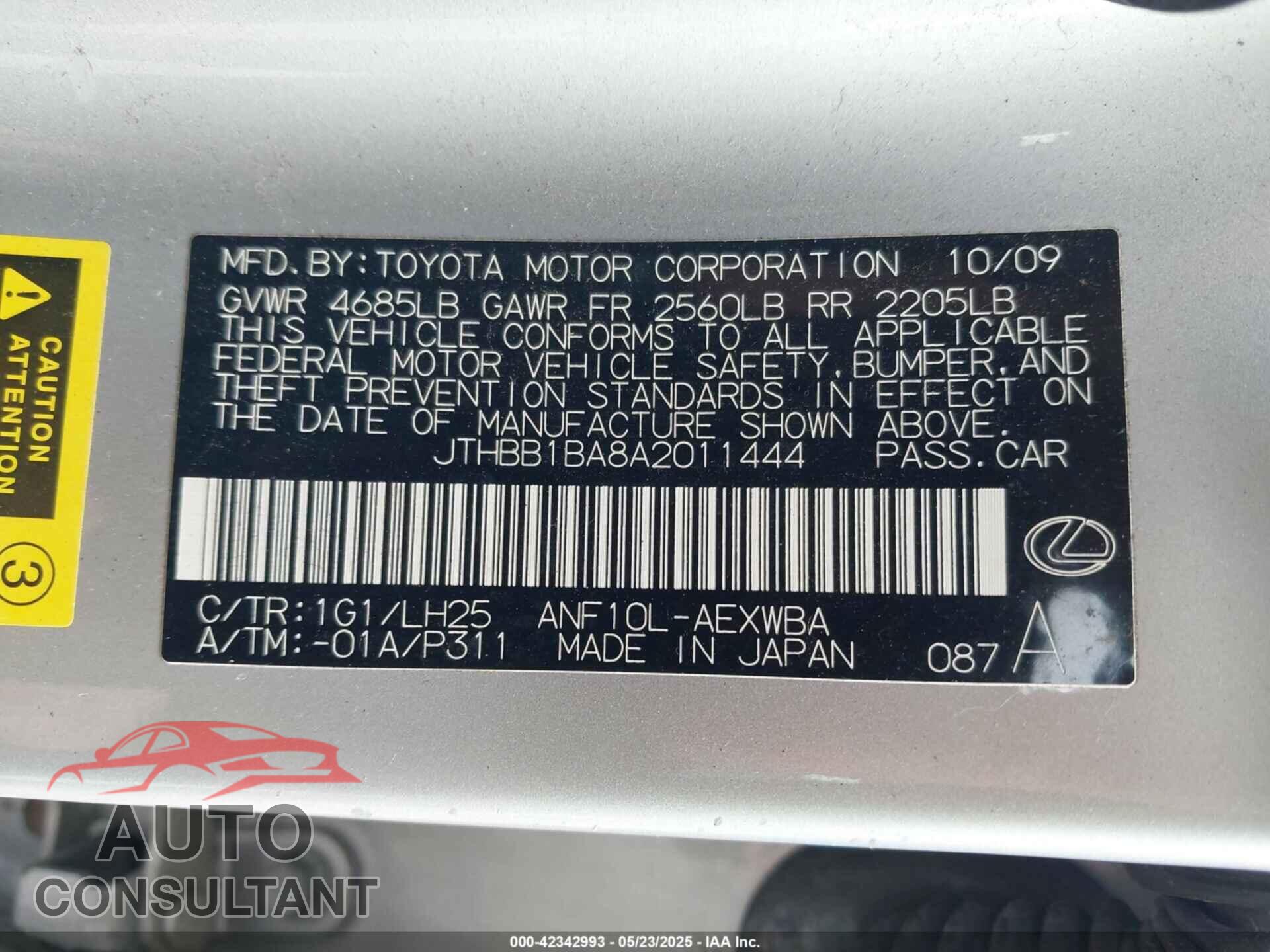 LEXUS HS 250H 2010 - JTHBB1BA8A2011444