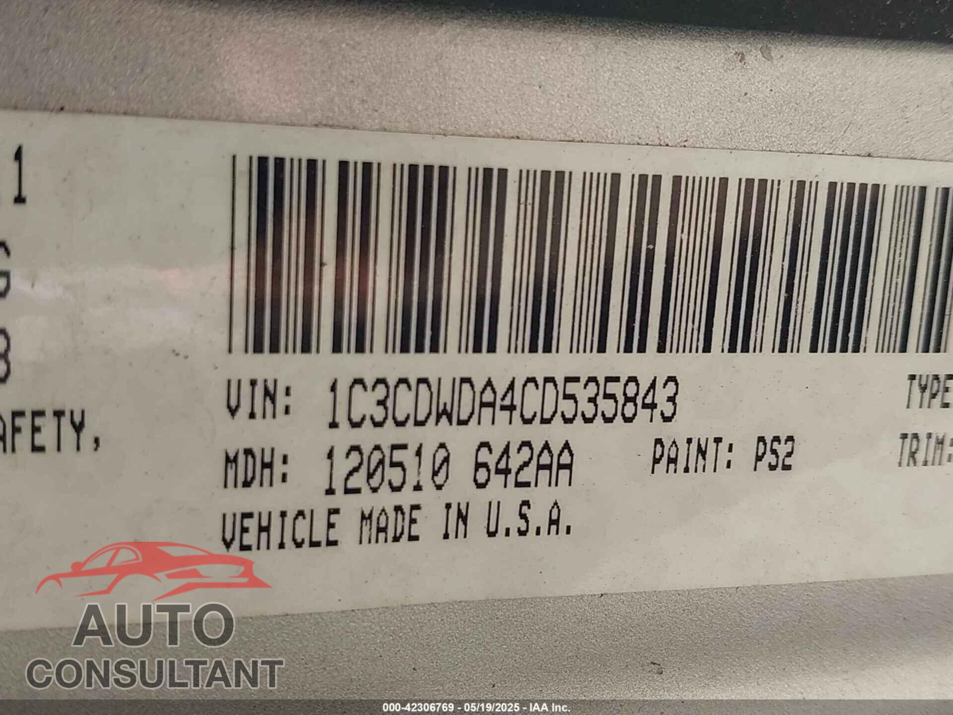 DODGE CALIBER 2012 - 1C3CDWDA4CD535843