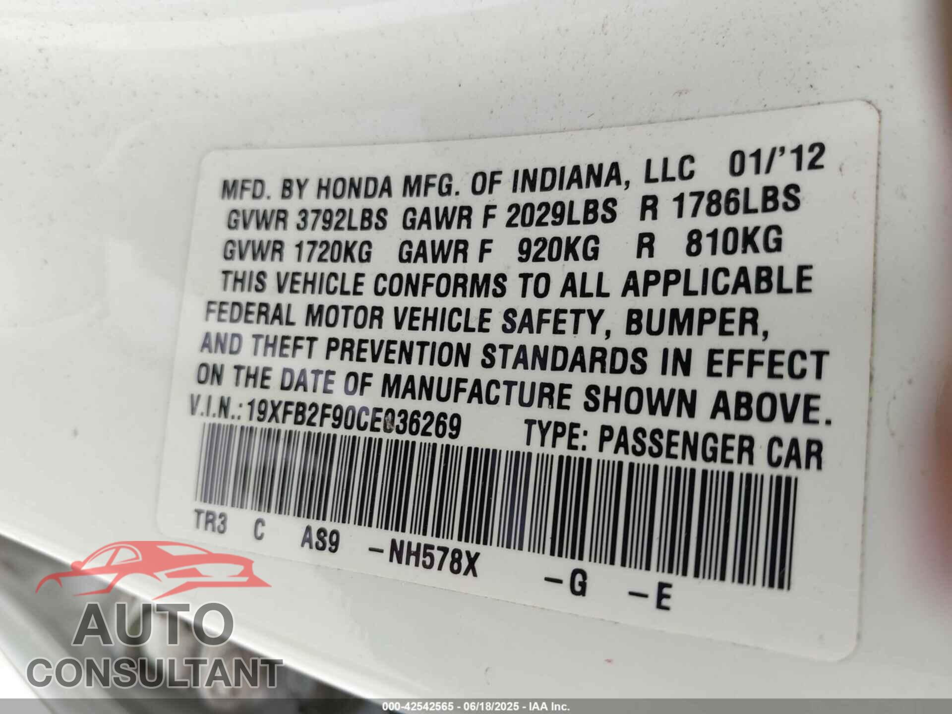 HONDA CIVIC 2012 - 19XFB2F90CE036269