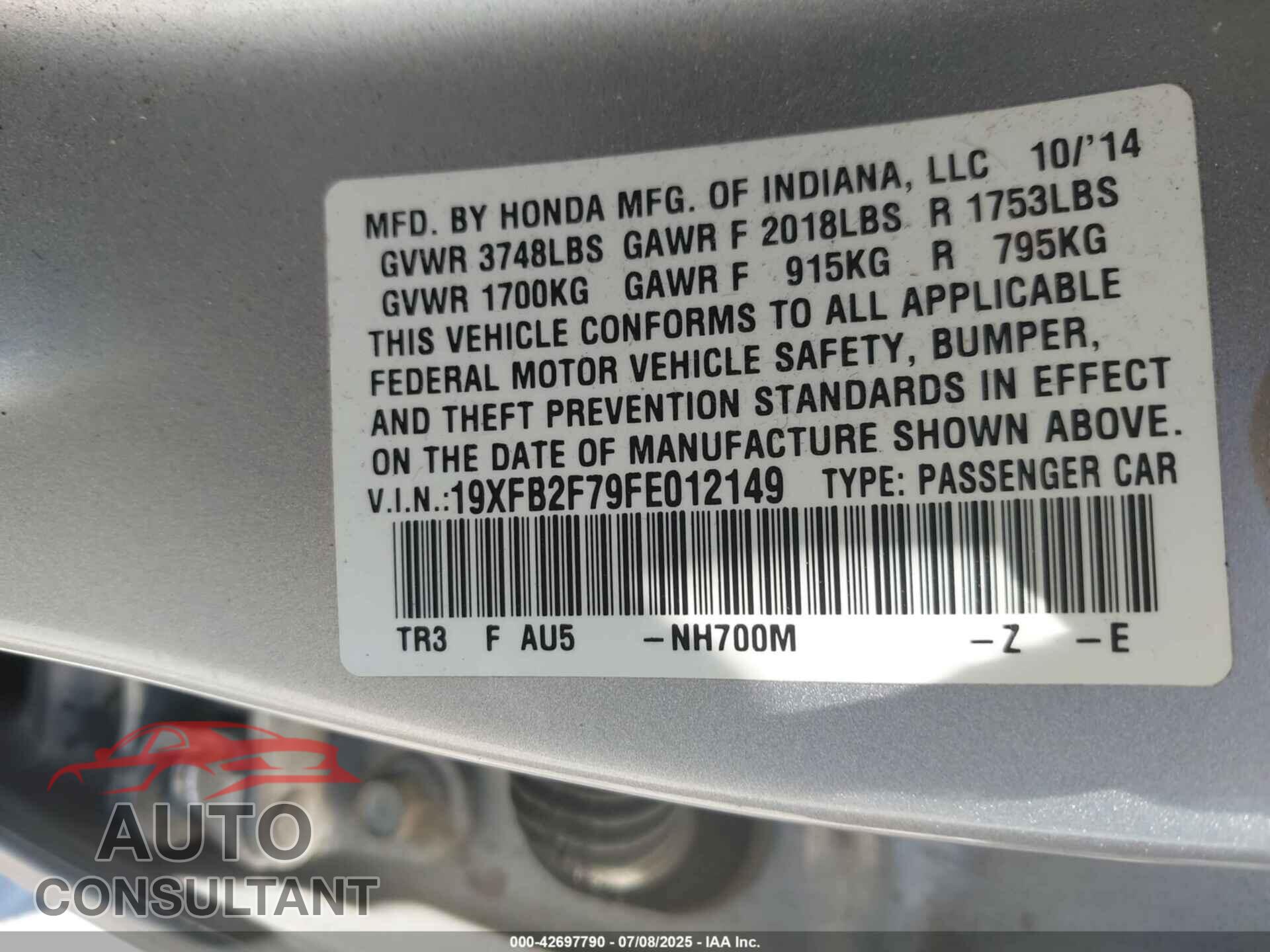 HONDA CIVIC 2015 - 19XFB2F79FE012149