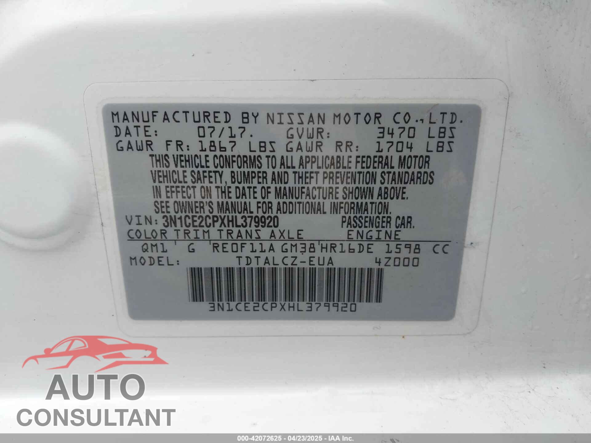 NISSAN VERSA NOTE 2017 - 3N1CE2CPXHL379920