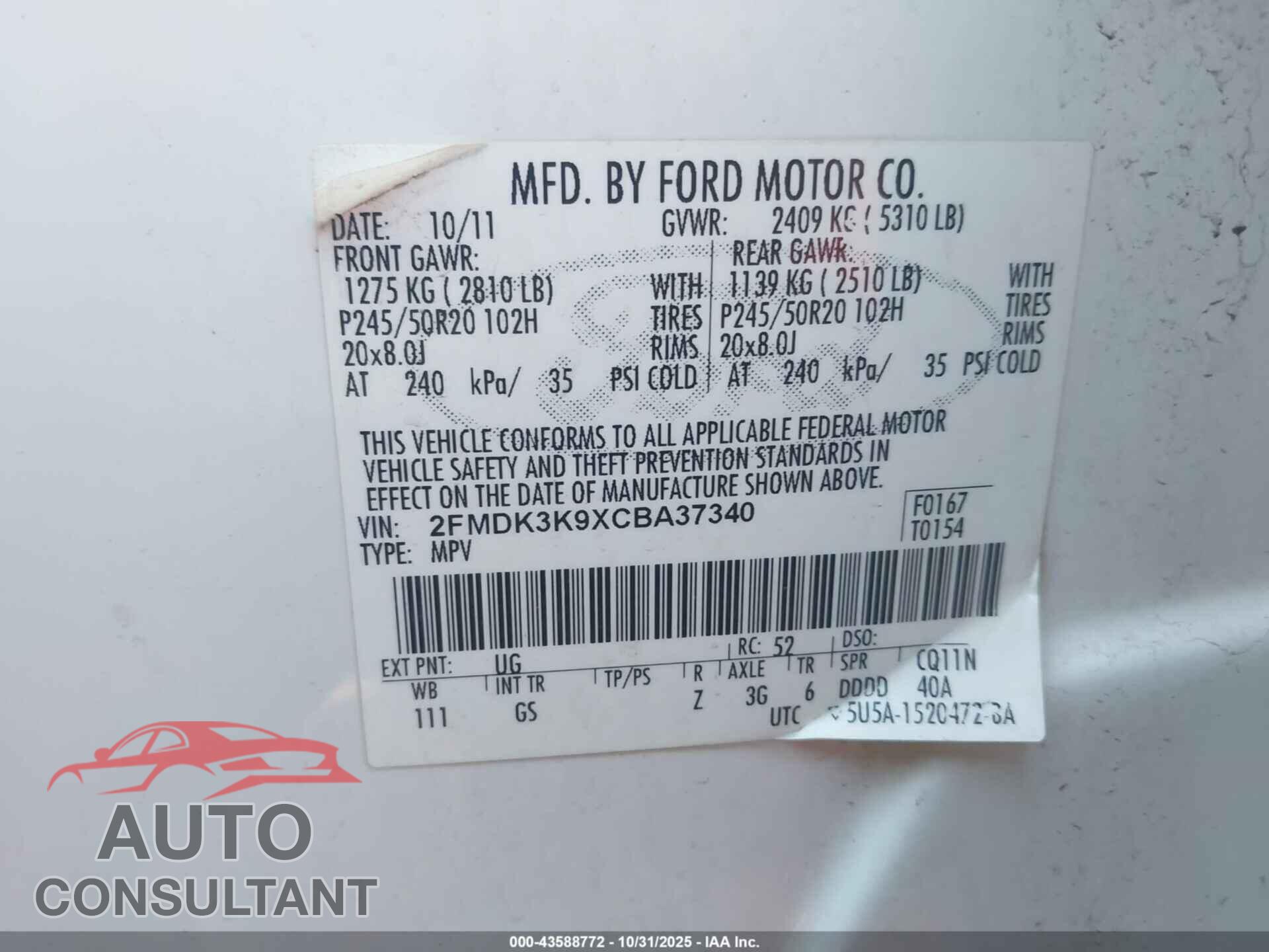 FORD EDGE 2012 - 2FMDK3K9XCBA37340