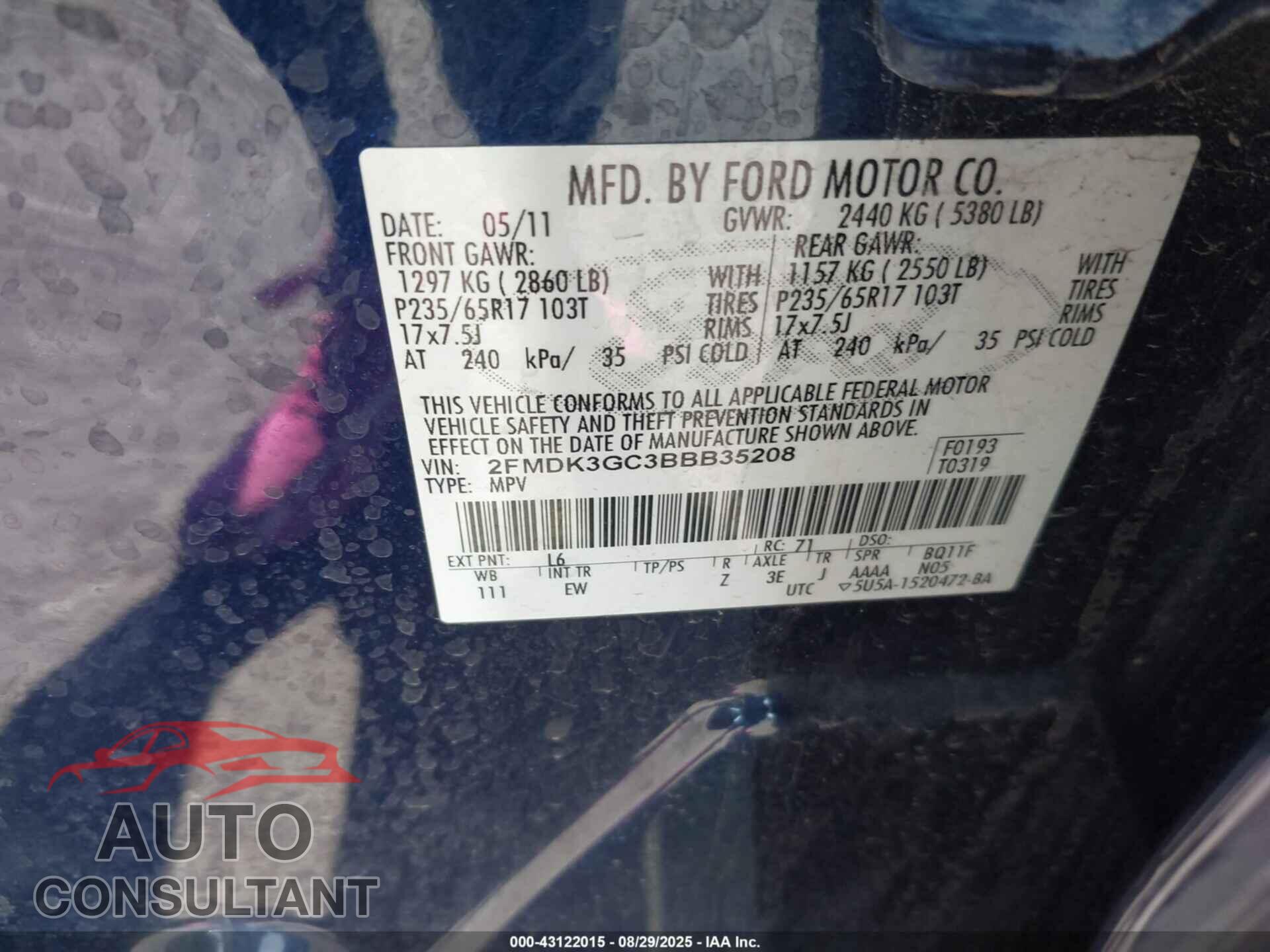 FORD EDGE 2011 - 2FMDK3GC3BBB35208