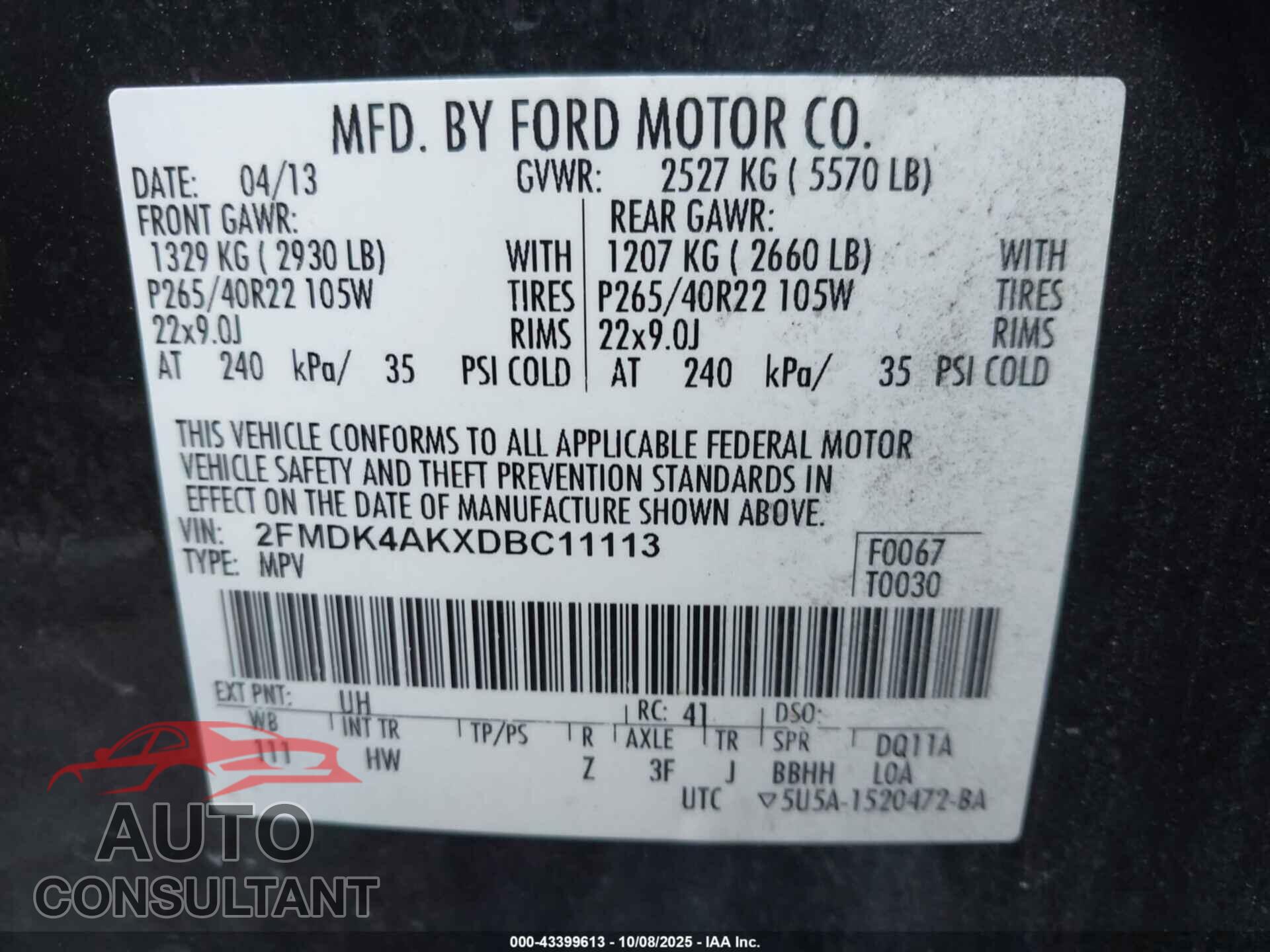 FORD EDGE 2013 - 2FMDK4AKXDBC11113