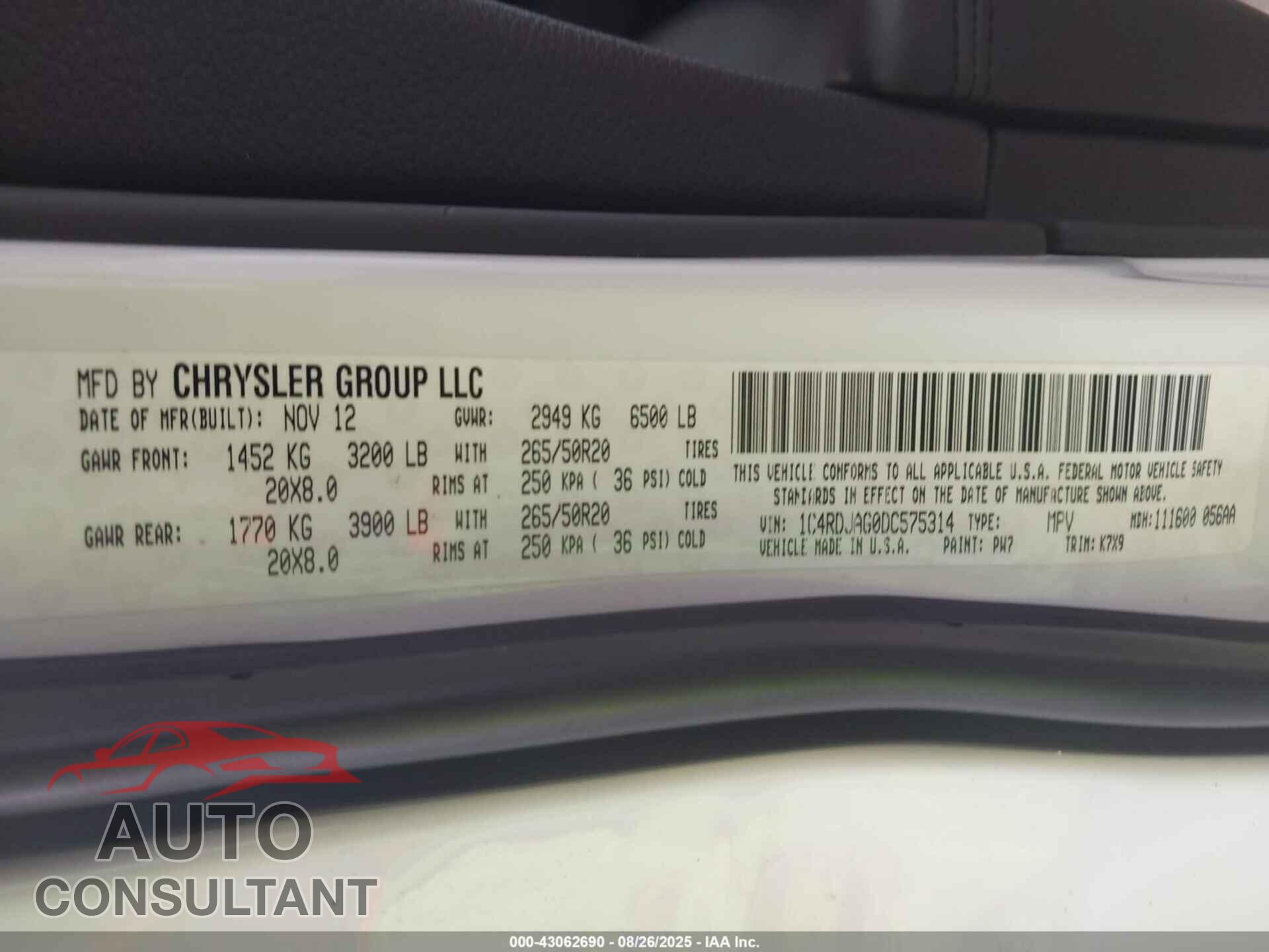 DODGE DURANGO 2013 - 1C4RDJAG0DC575314