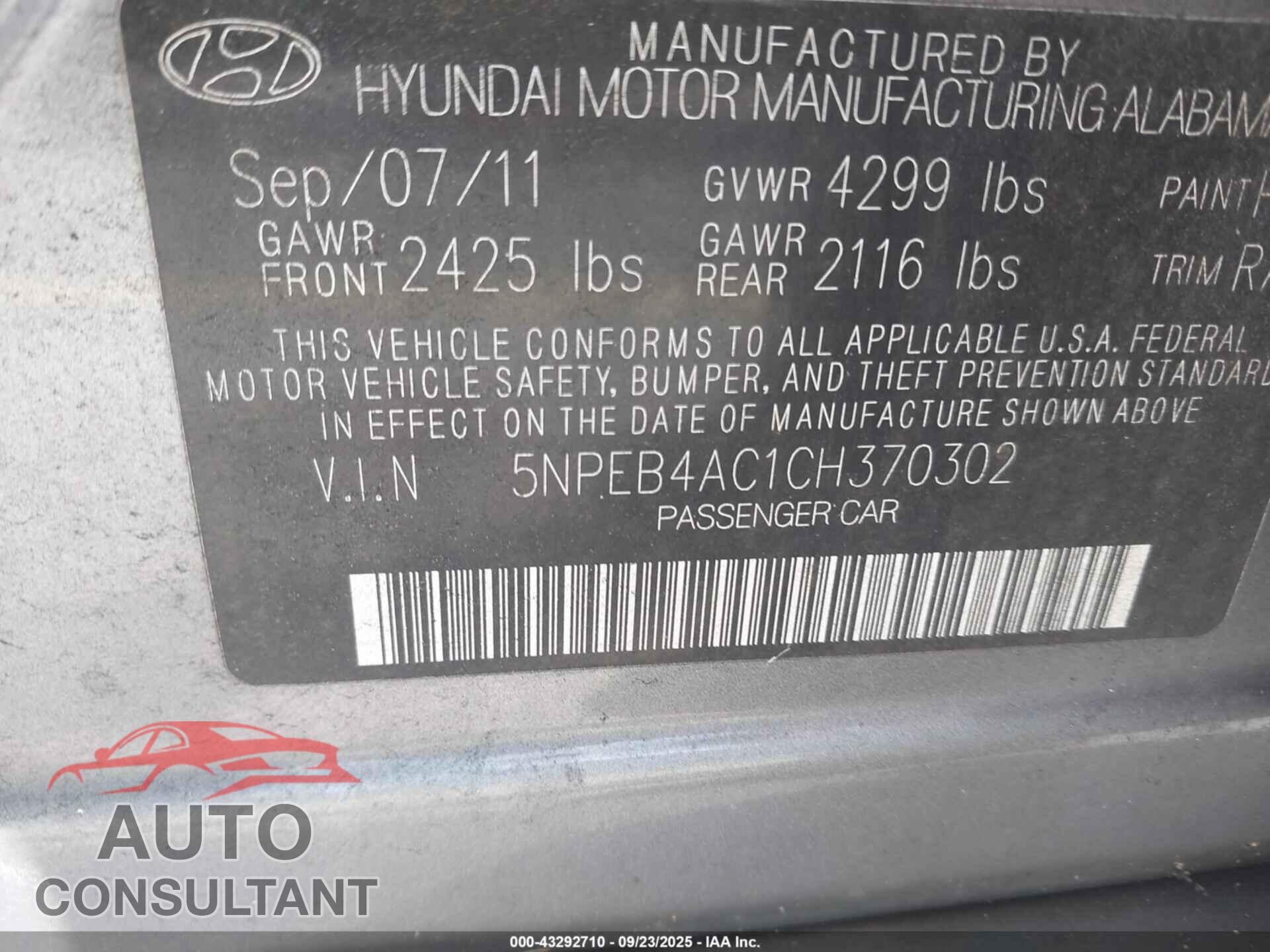 HYUNDAI SONATA 2012 - 5NPEB4AC1CH370302