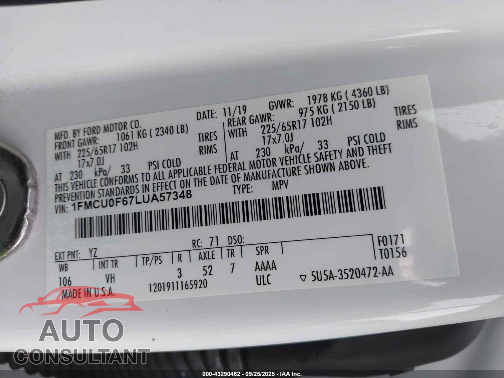 FORD ESCAPE 2020 - 1FMCU0F67LUA57348