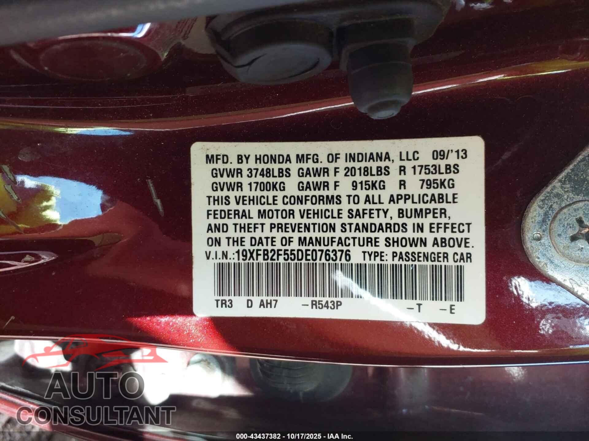 HONDA CIVIC 2013 - 19XFB2F55DE076376