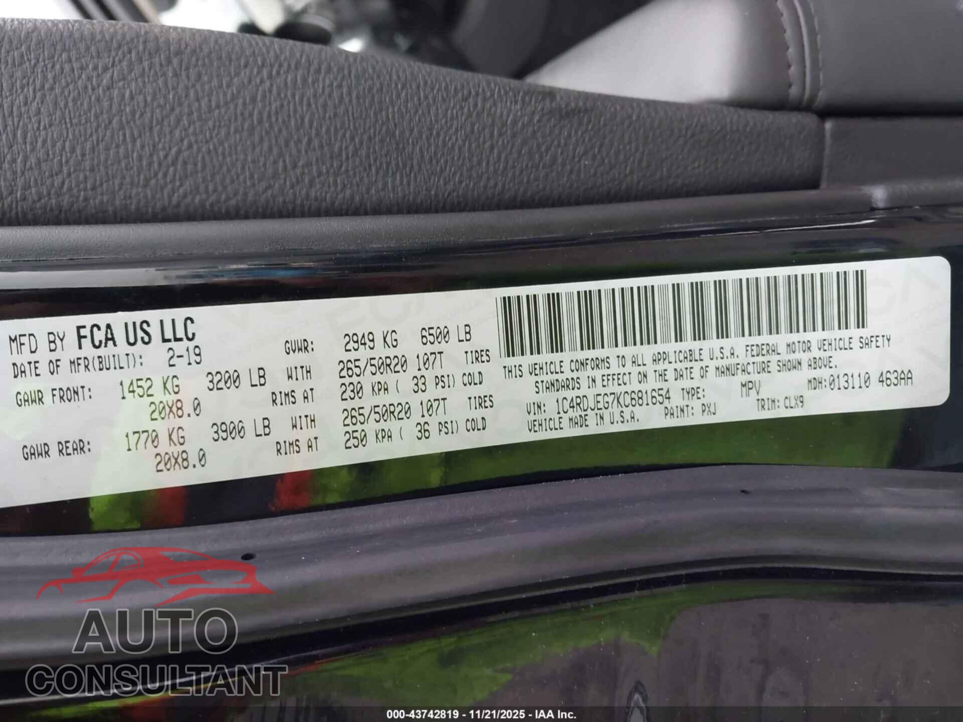 DODGE DURANGO 2019 - 1C4RDJEG7KC681654
