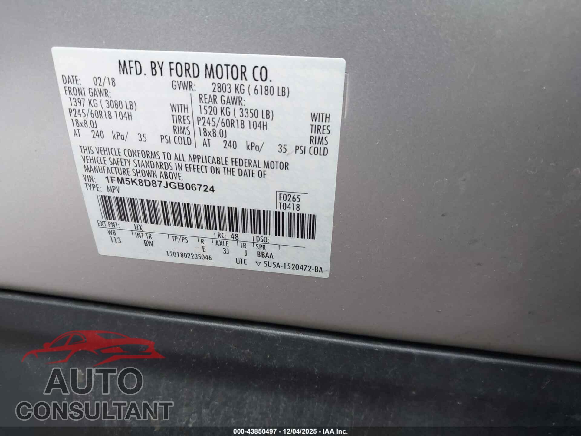 FORD EXPLORER 2018 - 1FM5K8D87JGB06724