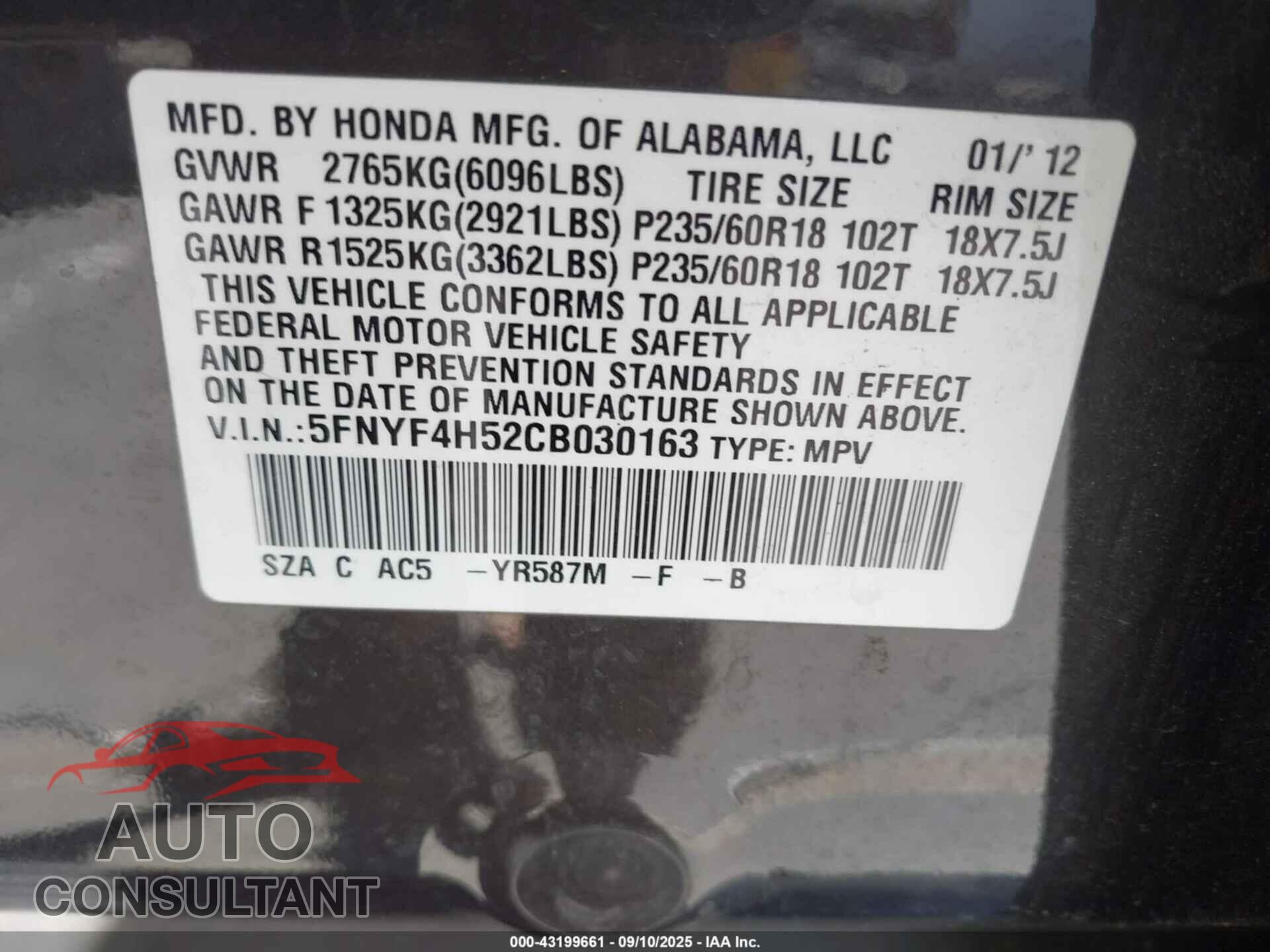 HONDA PILOT 2012 - 5FNYF4H52CB030163