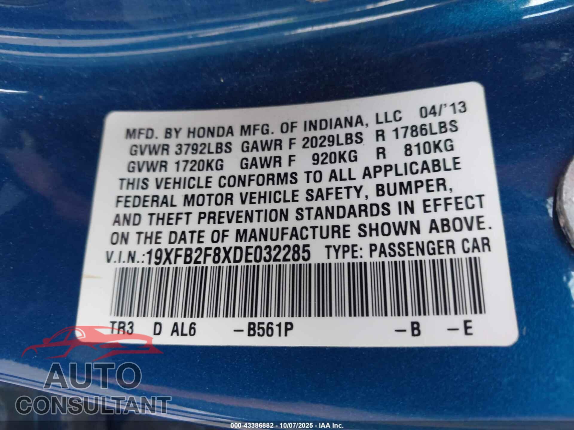 HONDA CIVIC 2013 - 19XFB2F8XDE032285