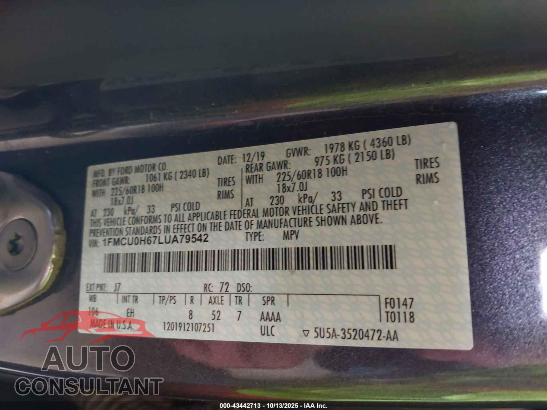 FORD ESCAPE 2020 - 1FMCU0H67LUA79542