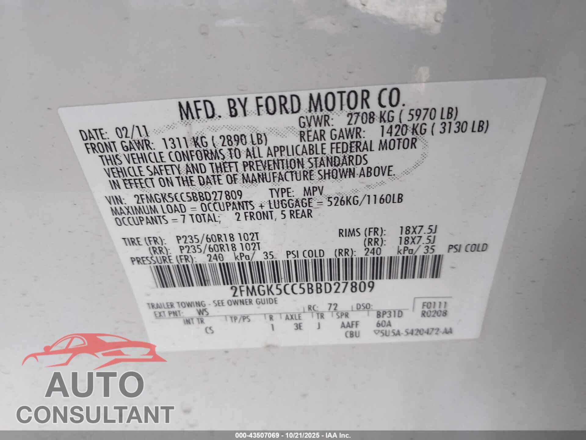 FORD FLEX 2011 - 2FMGK5CC5BBD27809