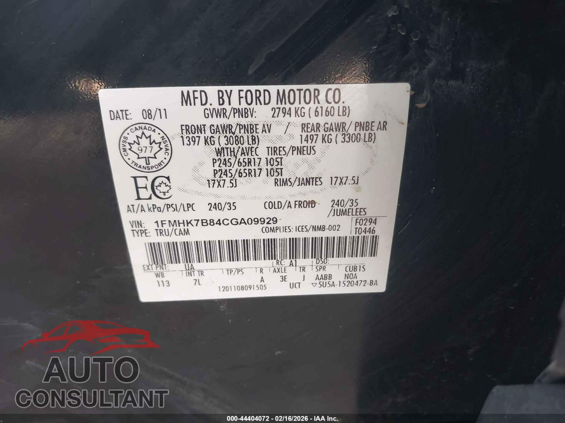 FORD EXPLORER 2012 - 1FMHK7B84CGA09929