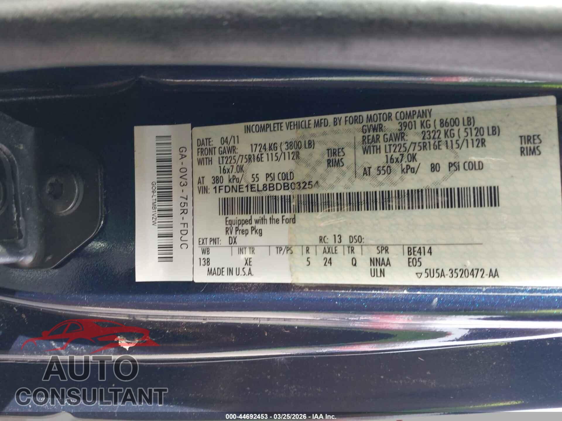 FORD E-150 2011 - 1FDNE1EL8BDB03254
