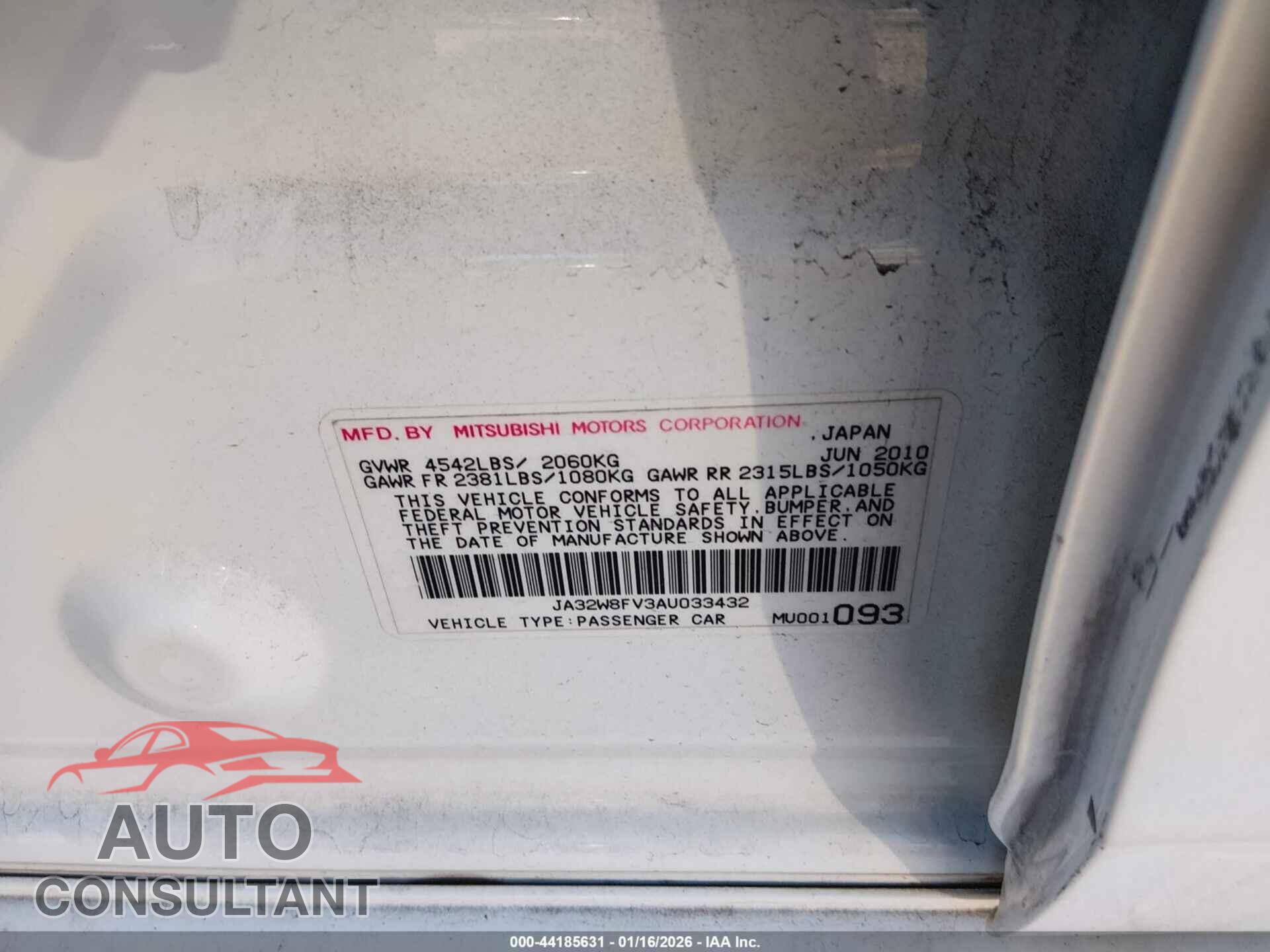 MITSUBISHI LANCER EVOLUTION 2010 - JA32W8FV3AU033432