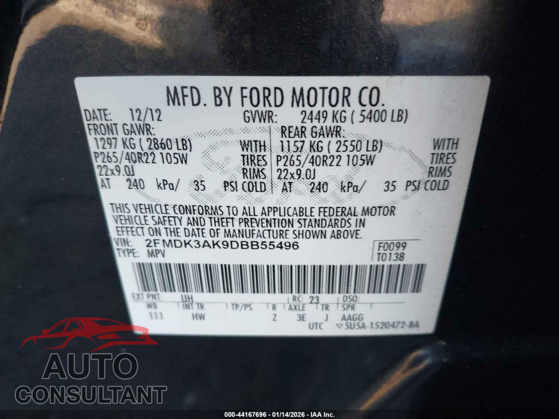 FORD EDGE 2013 - 2FMDK3AK9DBB55496