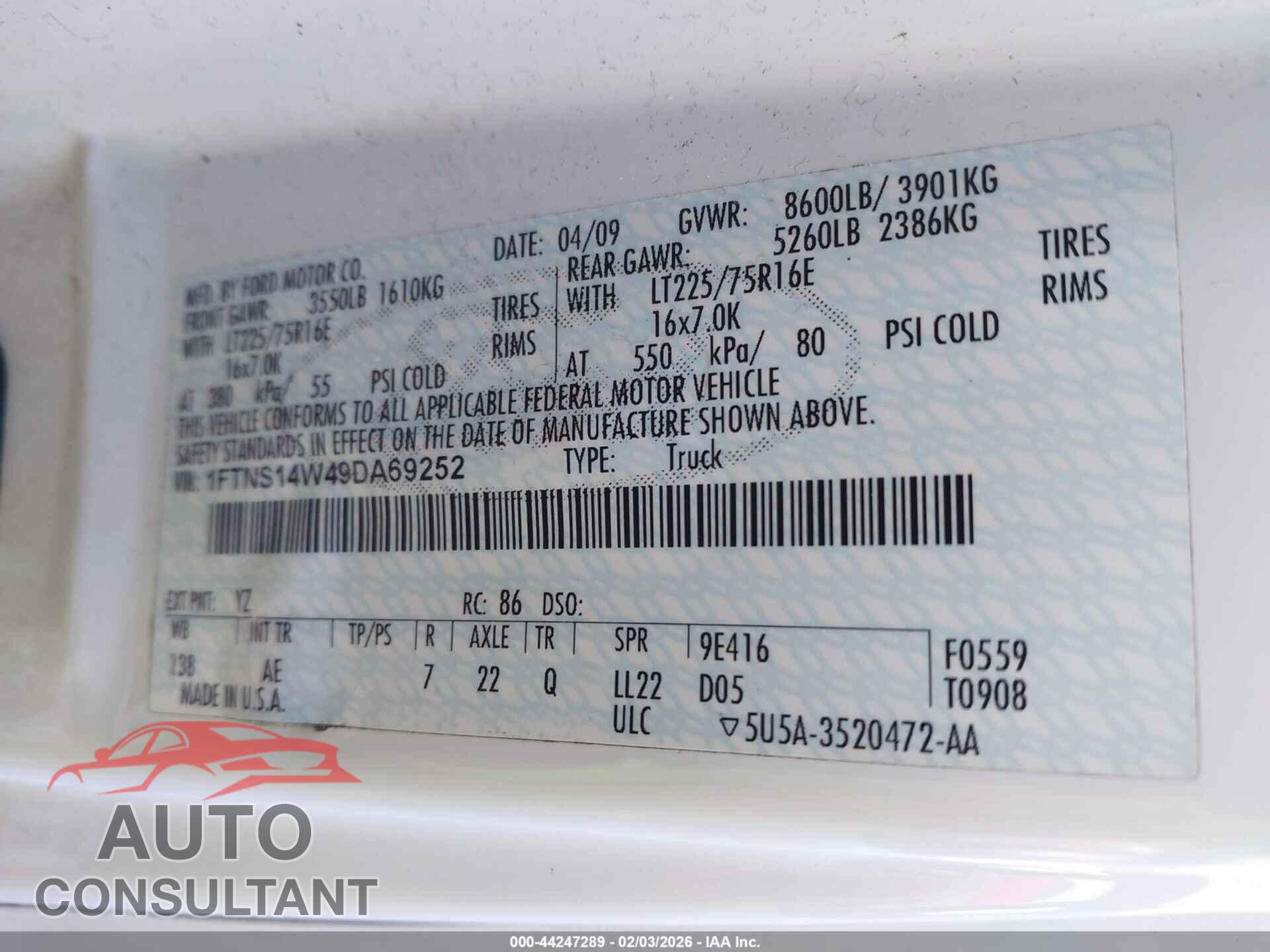 FORD E-150 2009 - 1FTNS14W49DA69252
