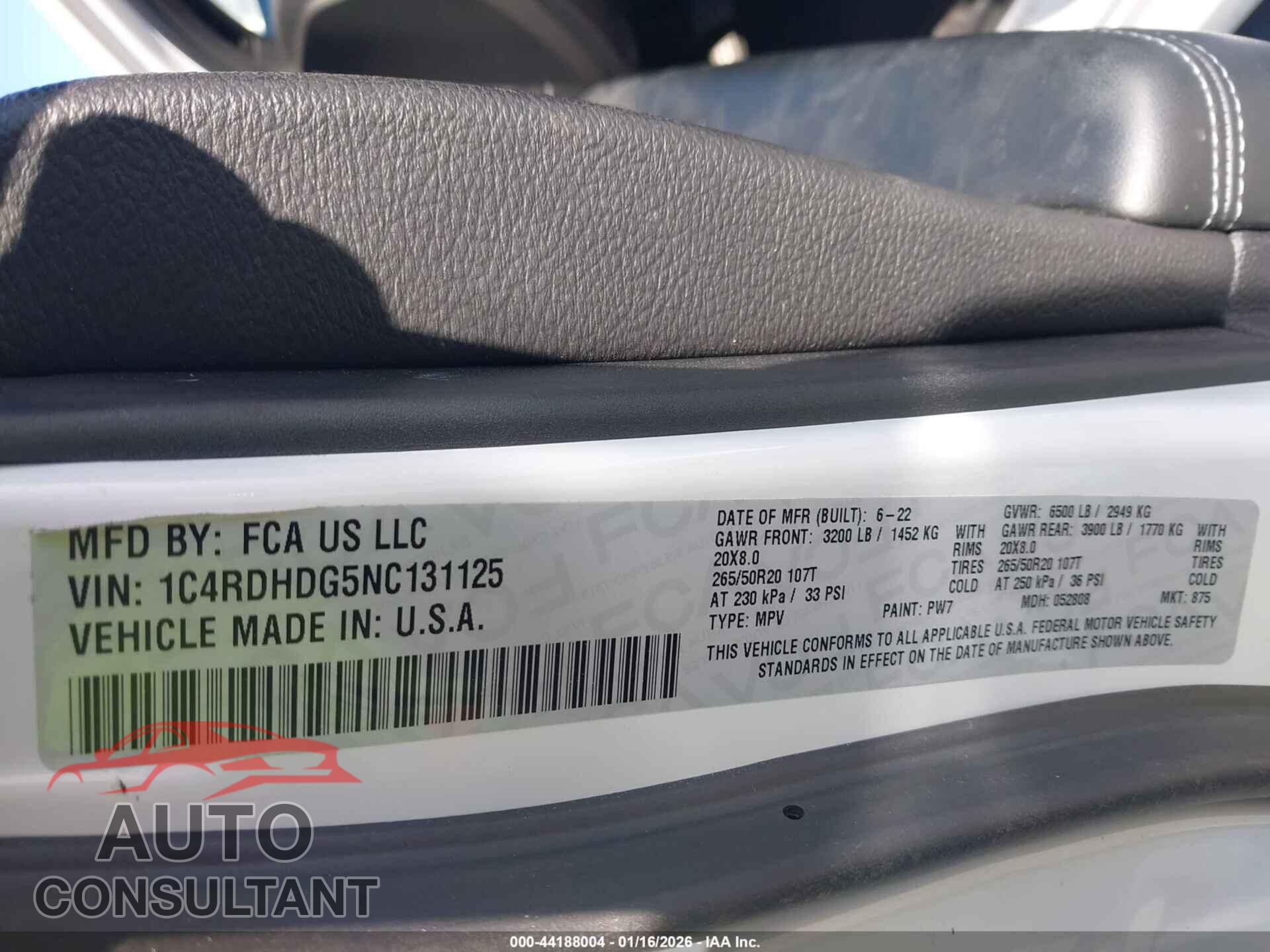DODGE DURANGO 2022 - 1C4RDHDG5NC131125
